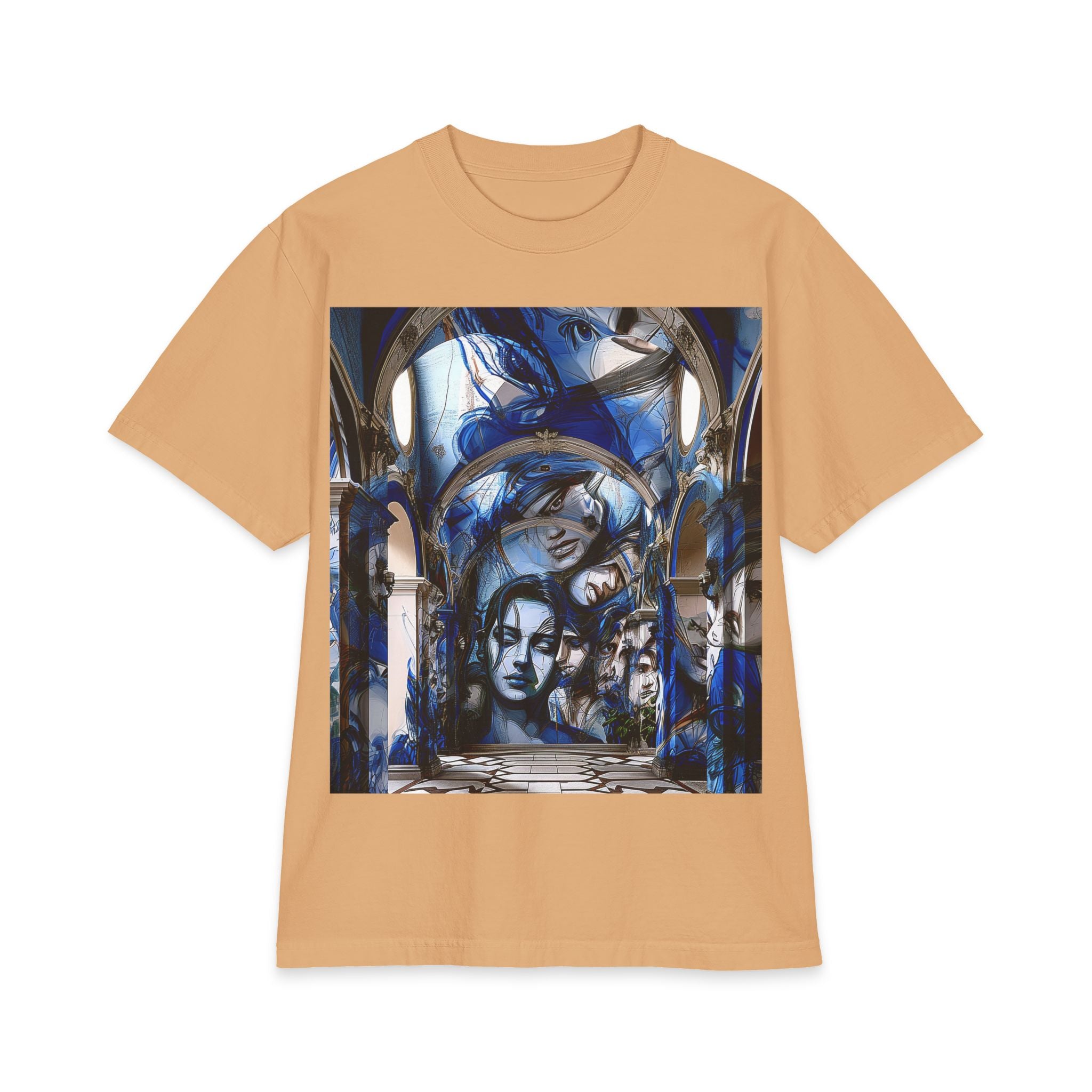 Artistic Portrait Tee — Blue Surreal Faces Graphic T-Shirt
