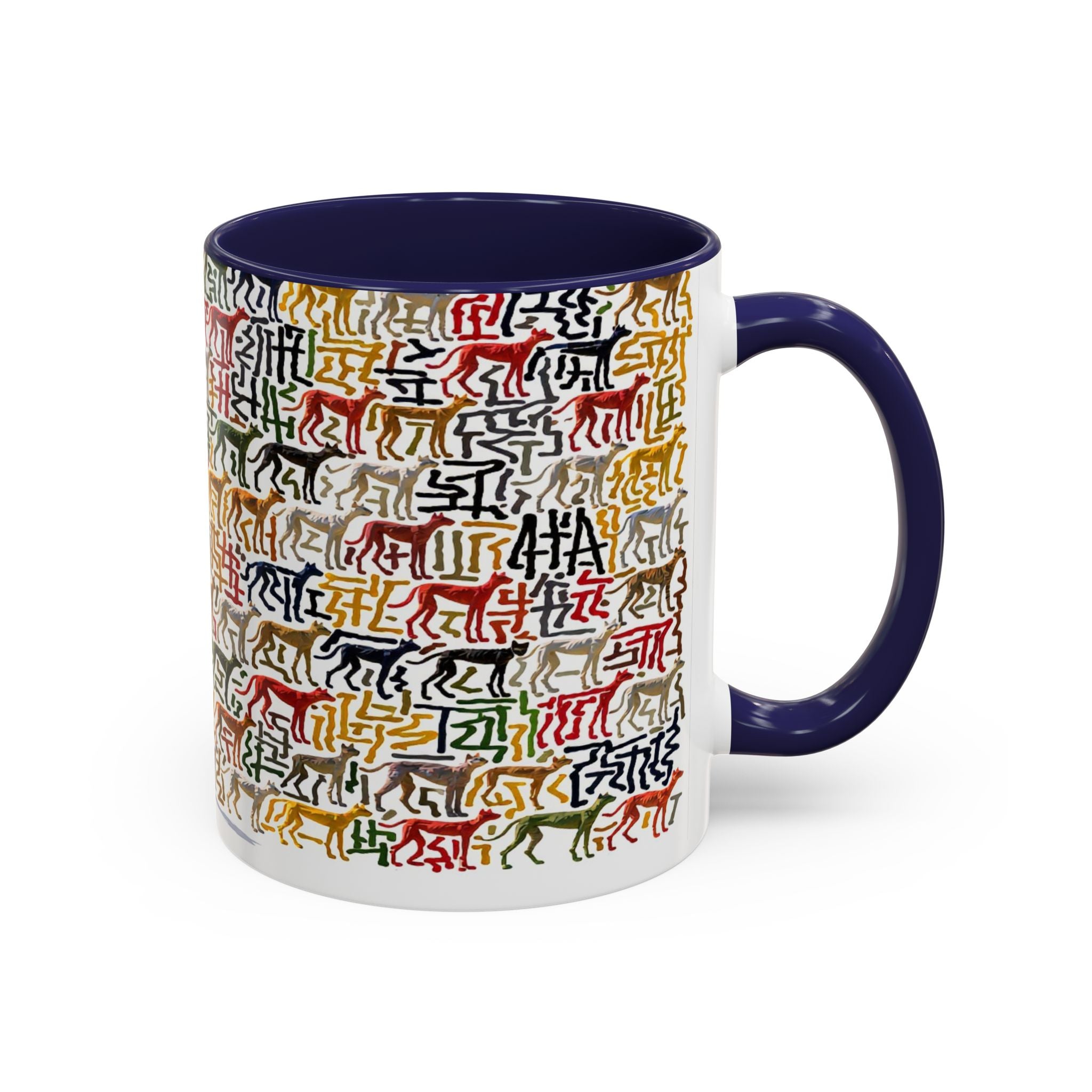 Greyhound Silhouette Accent Coffee Mug — Colorful Script Dog Pattern (11/15oz)