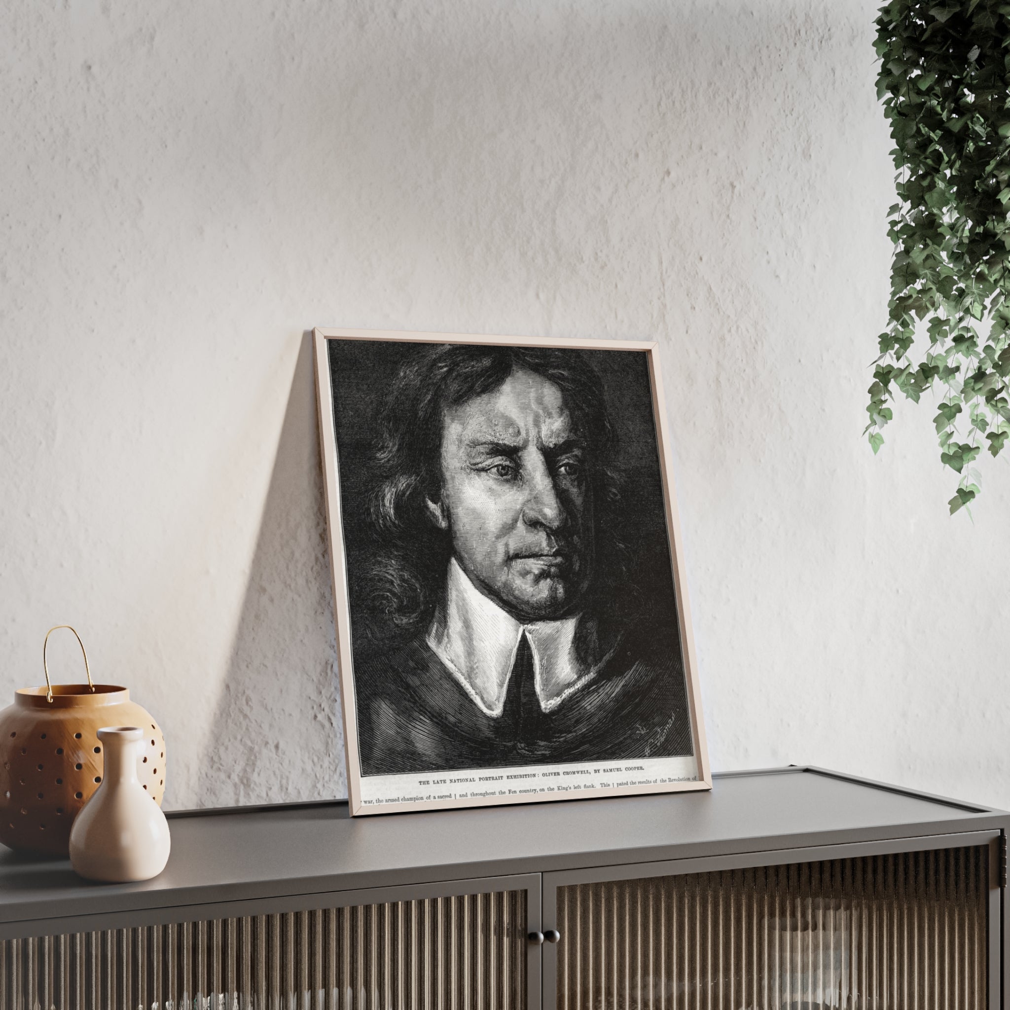 OLIVER CROMWELL. Historical Portrait Poster with Wooden Frame — Vintage Chalk-Style Print