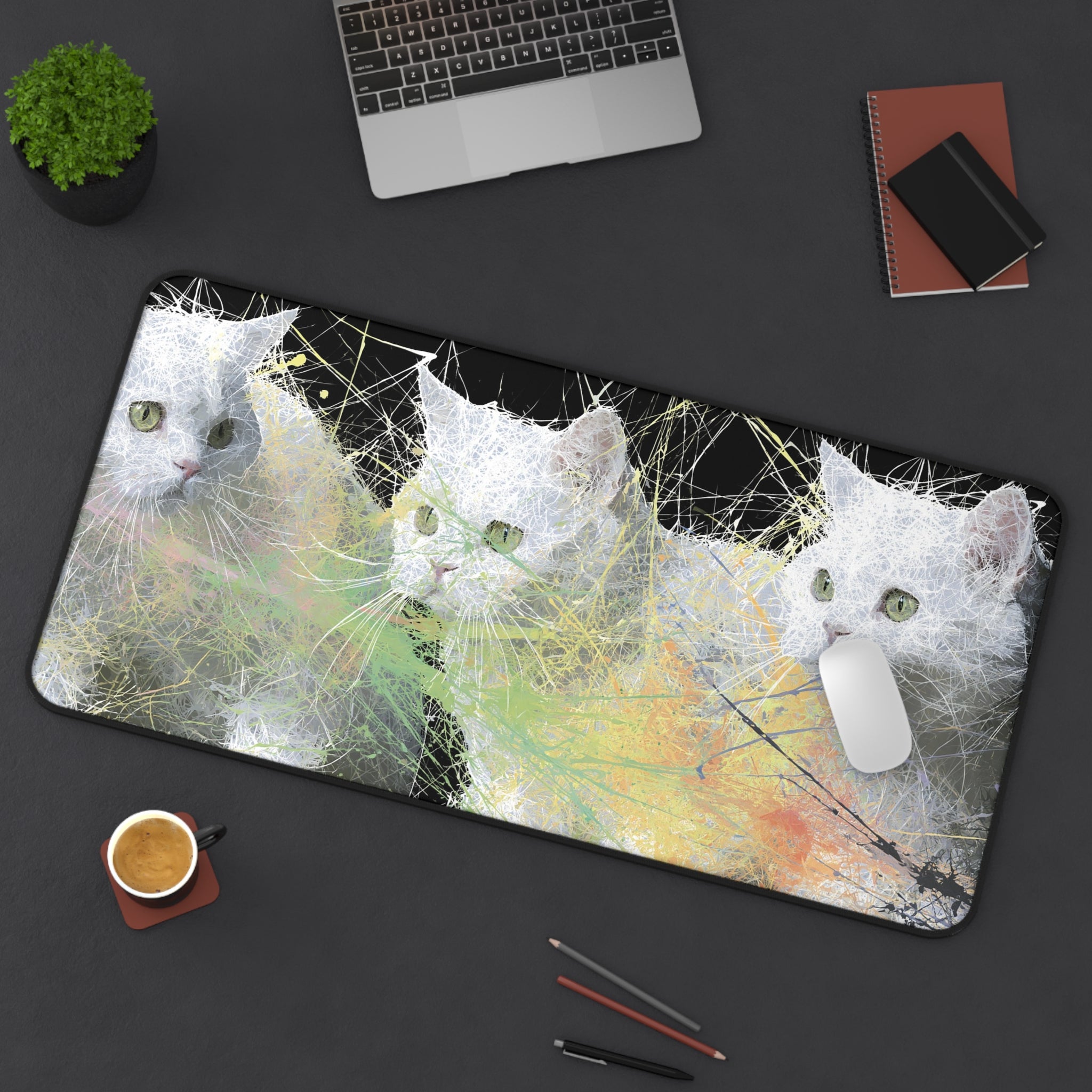 Abstract White Cat Trio Desk Mat — Artistic Feline Mousepad for Cat Lovers