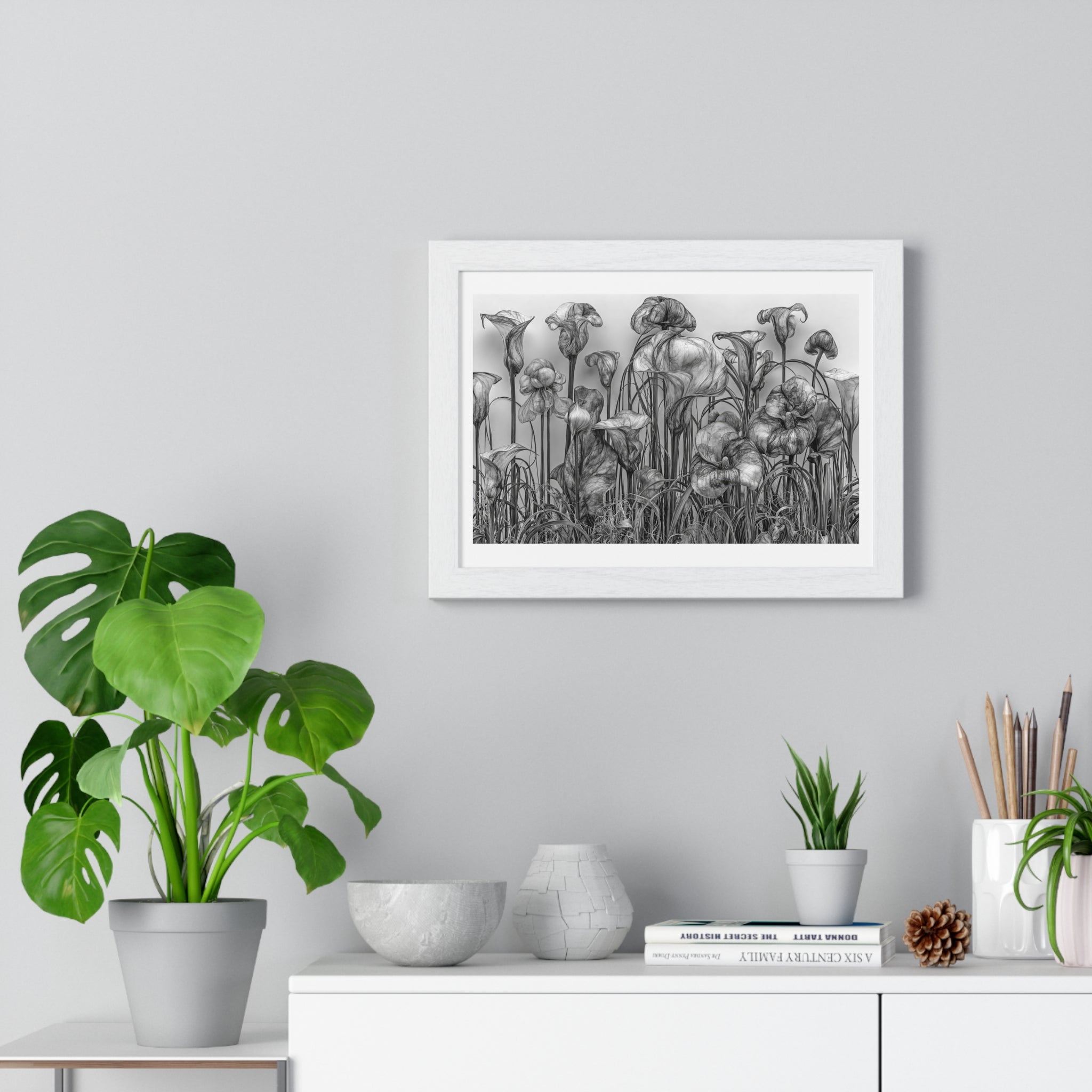 Black & White Botanical Framed Poster — Monochrome Calla Lily Wall Art (Horizontal)