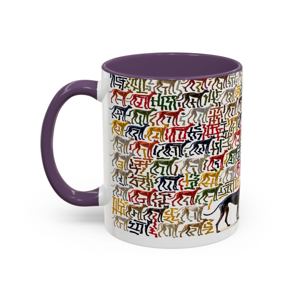 Greyhound Silhouette Accent Coffee Mug — Colorful Script Dog Pattern (11/15oz)
