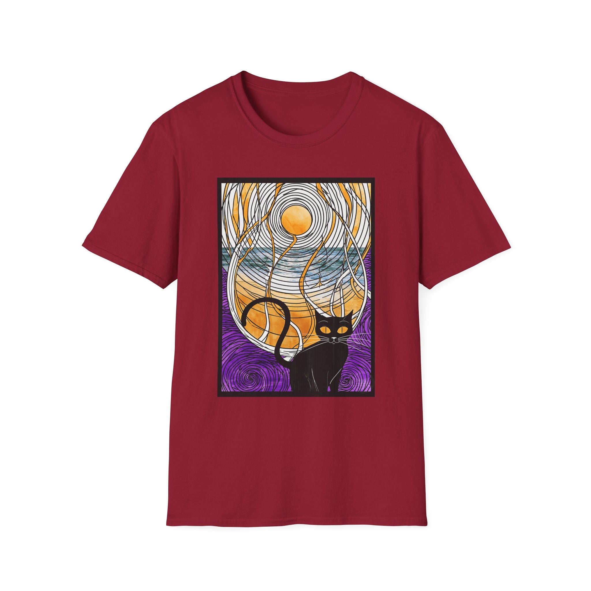 Sunlit Waves Art Tee — Black Cat & Golden Moon Graphic T-Shirt