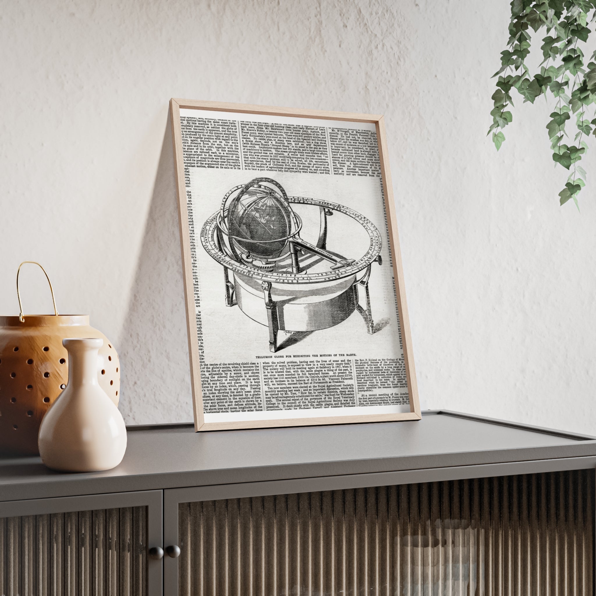 TELLURION GLOBE for Exhibiting the Motions of the Earth. Vintage Celestial Globe Poster with Wooden Frame — Antique Astronomy Wall Art