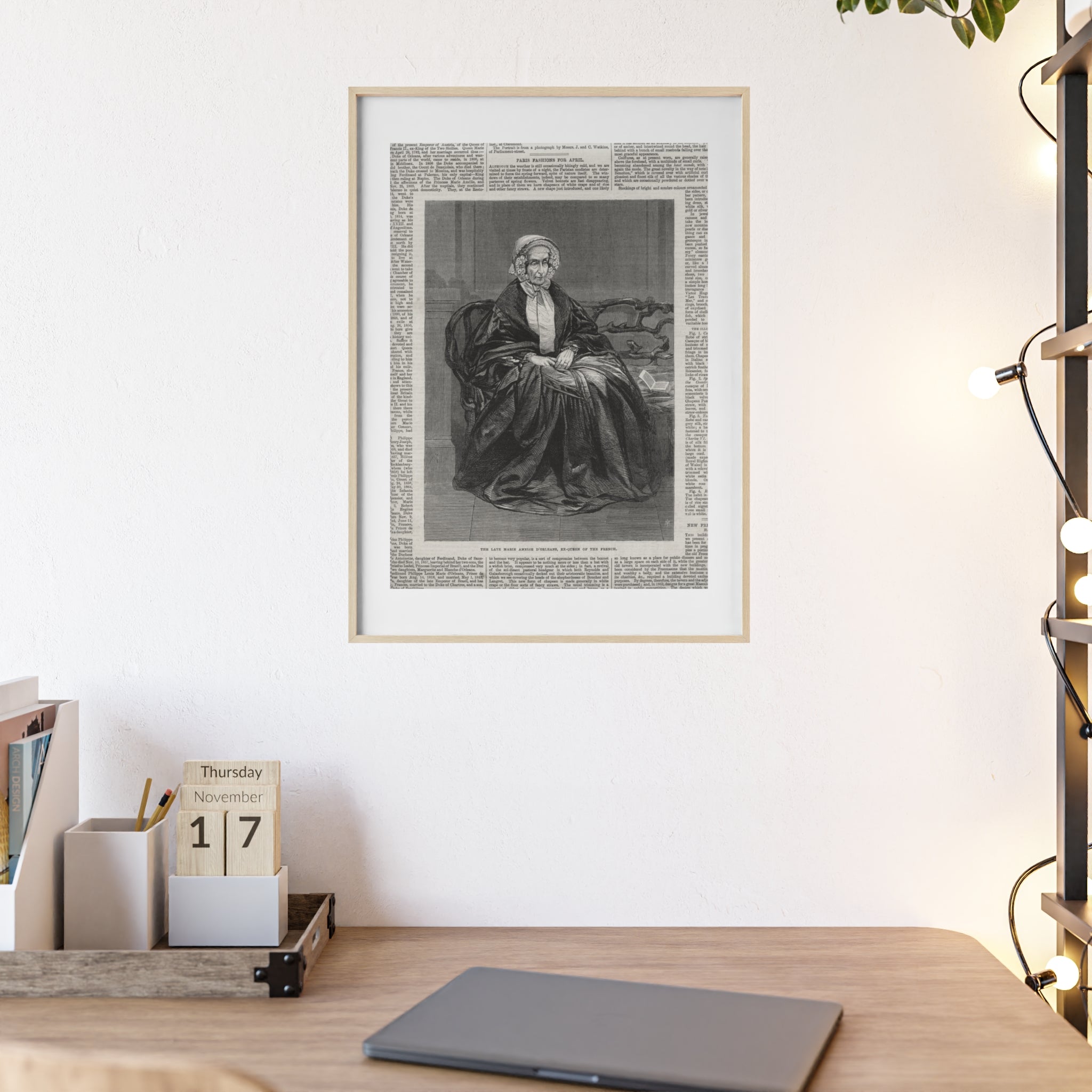 The Late Marie Amelie D'Orleans, Ex-Queen of the French. Vintage Portrait Newspaper Art Poster with Black Wooden Frame