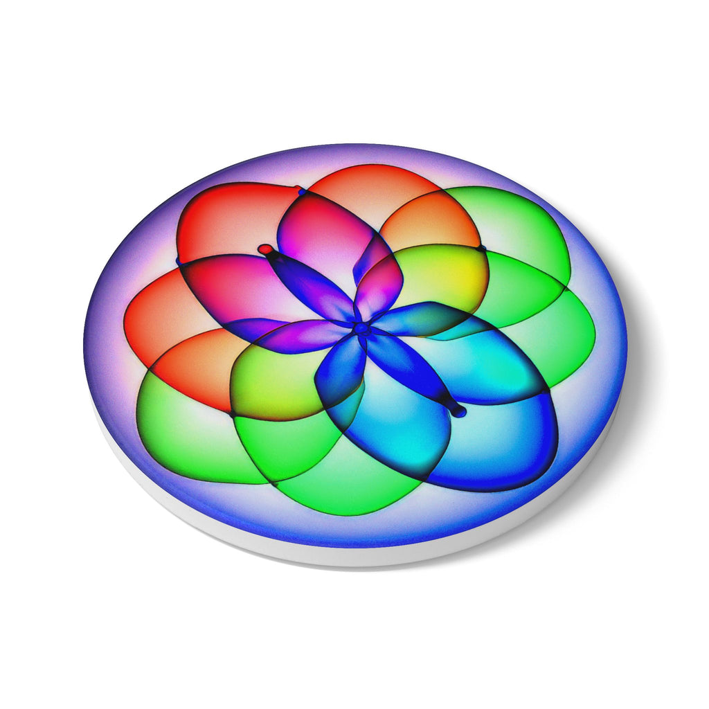 Psychedelic Mandala Ceramic Coaster — Rainbow Flower Pattern Drink Coaster
