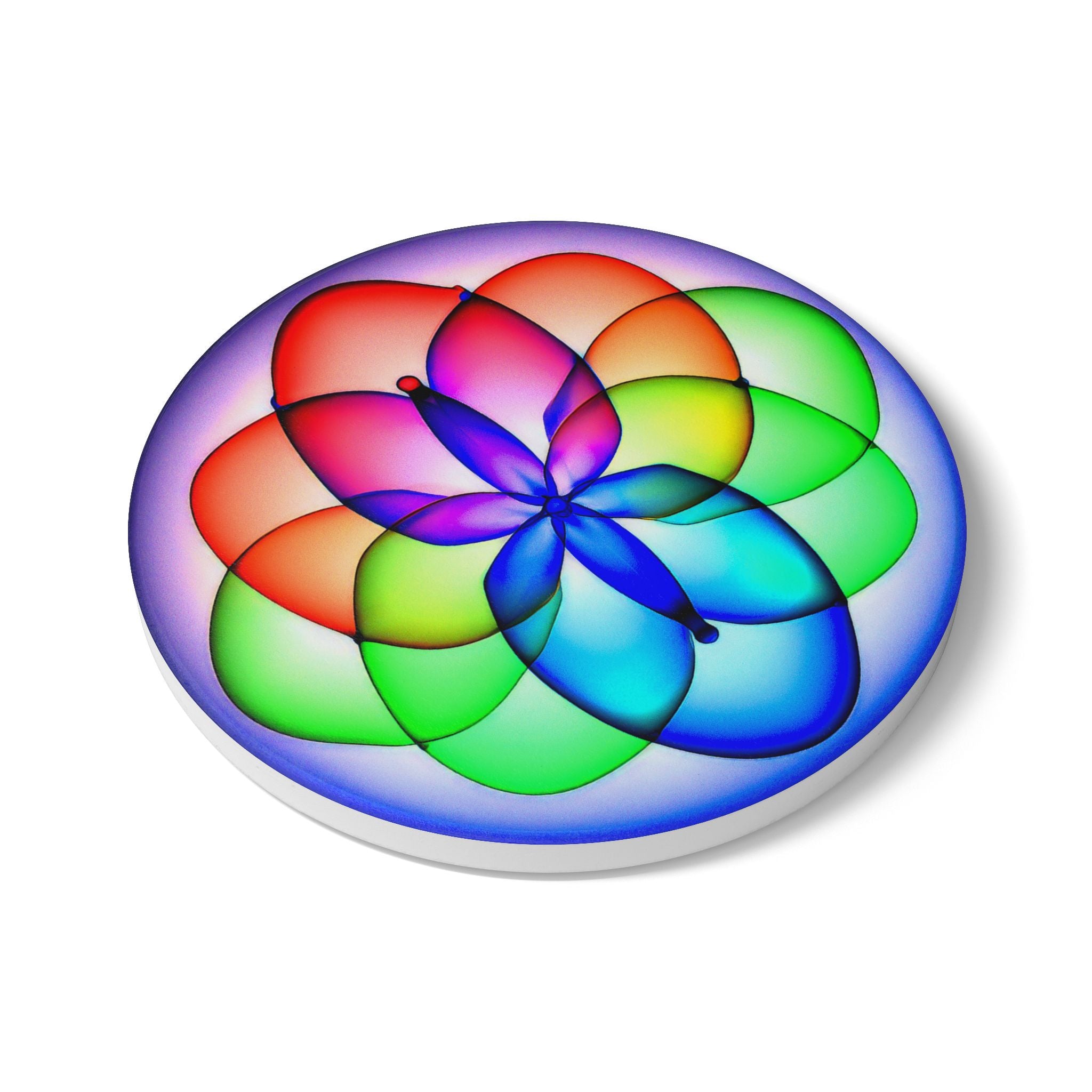 Psychedelic Mandala Ceramic Coaster — Rainbow Flower Pattern Drink Coaster