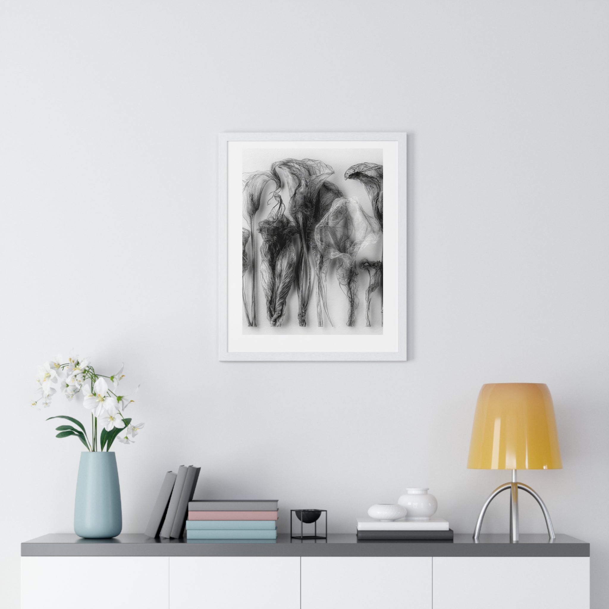 Abstract Smoke Floral Poster — Black & White Vertical Framed Art Print
