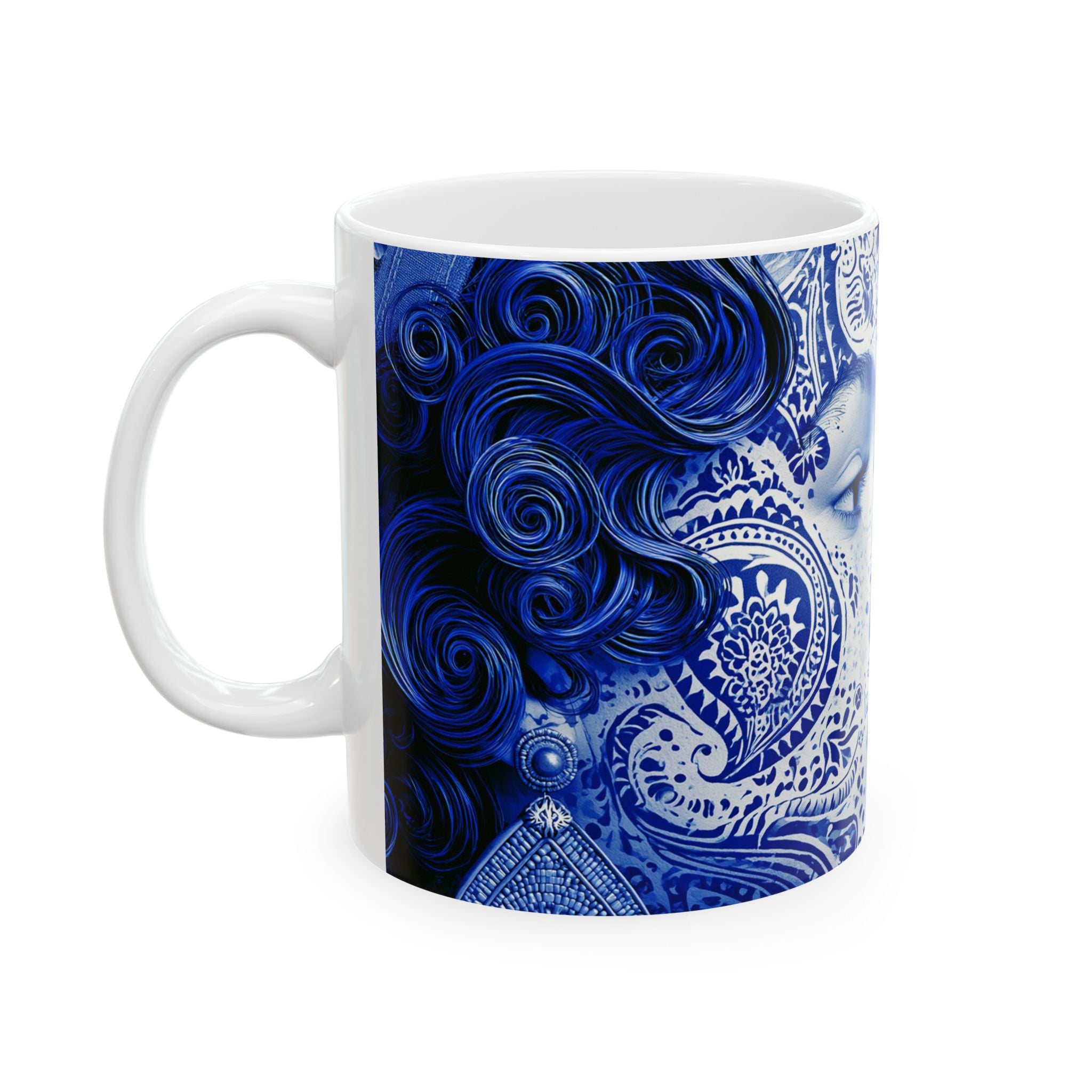 Blue Mosaic Face Ceramic Mug — Artistic Patterned 11oz/15oz Coffee Cup