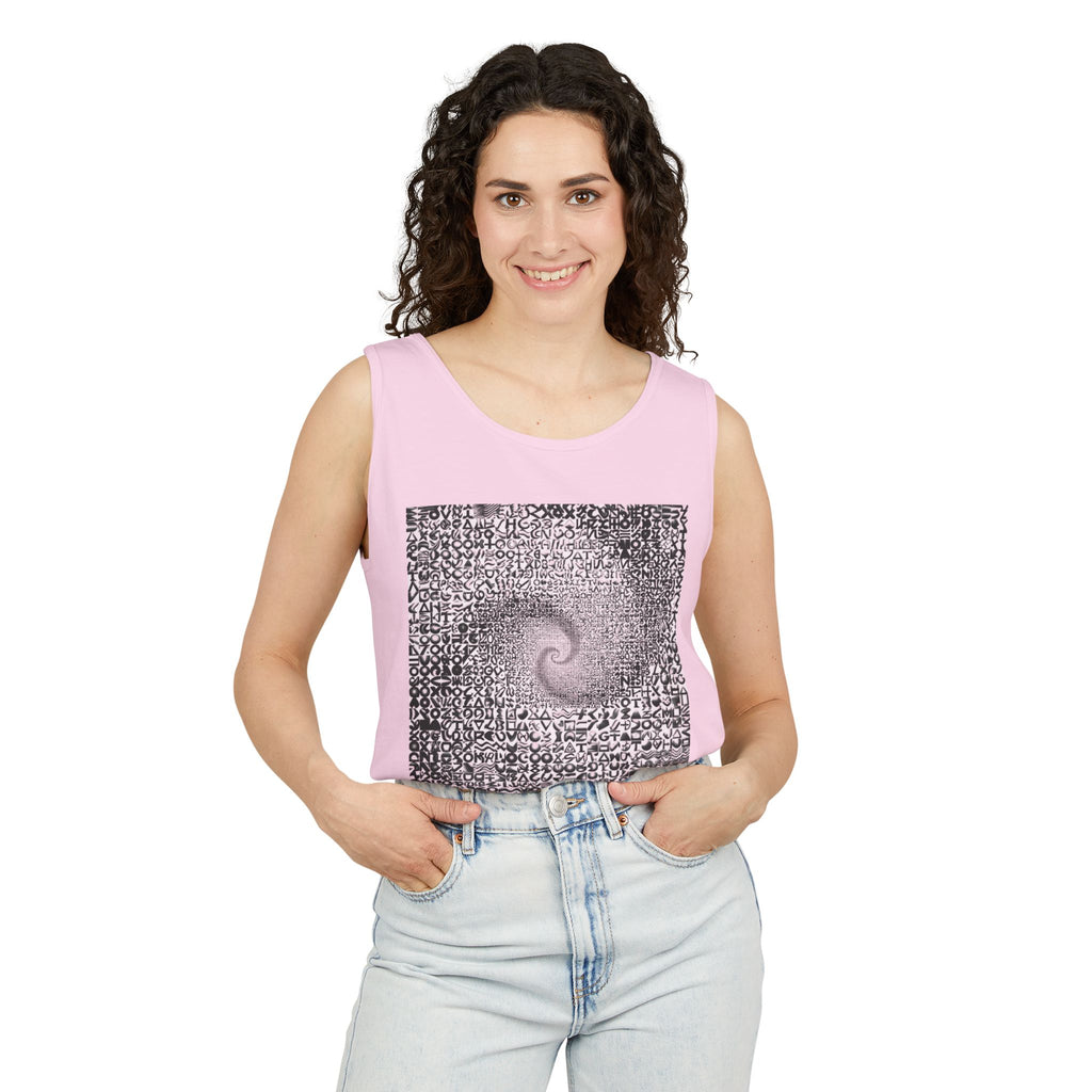 Spiral Text Art Tank Top — Monochrome Optical Typography Tee