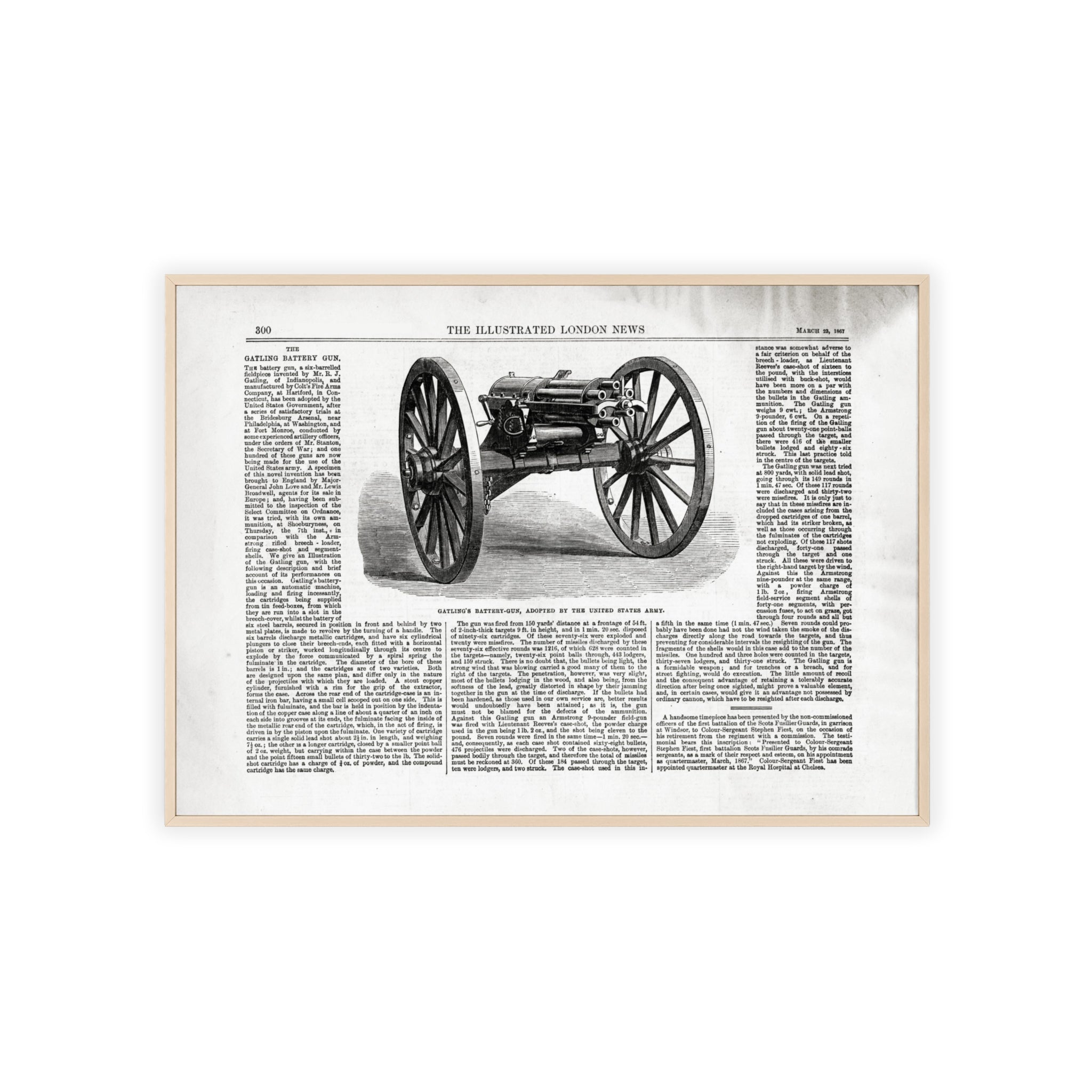 GATLING'S Battery-Gun, adopted by the United States Army. Vintage Cannon Patent Poster with Wooden Frame – Antique Engineering Print