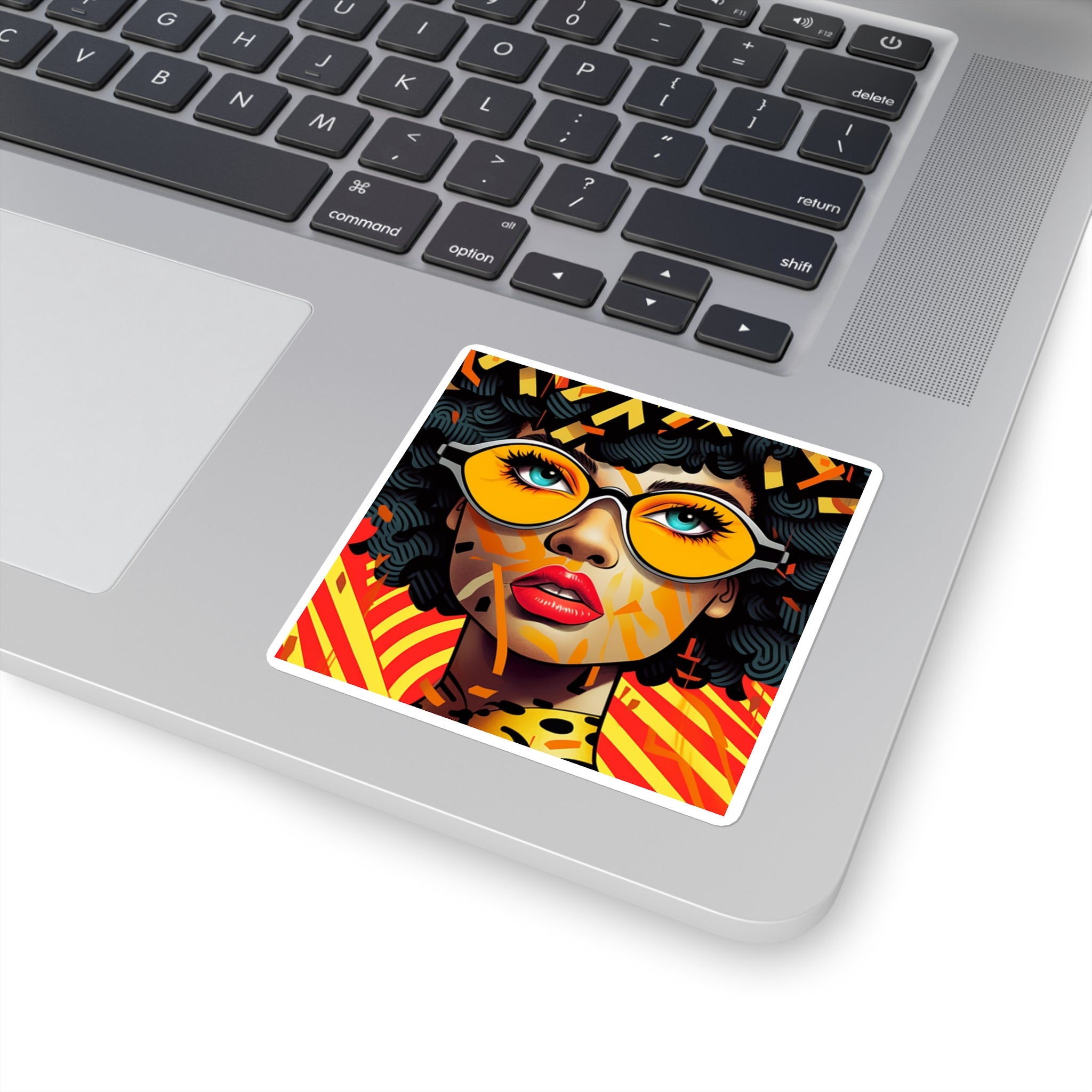 Afro Pop Art Square Sticker — Retro Sunglasses Woman, Bold Colorful Laptop Decal