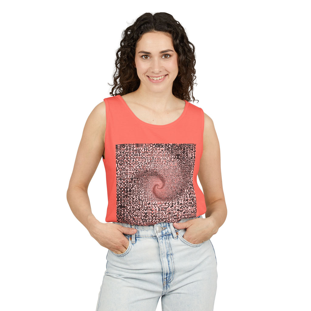 Spiral Text Art Tank Top — Monochrome Optical Typography Tee