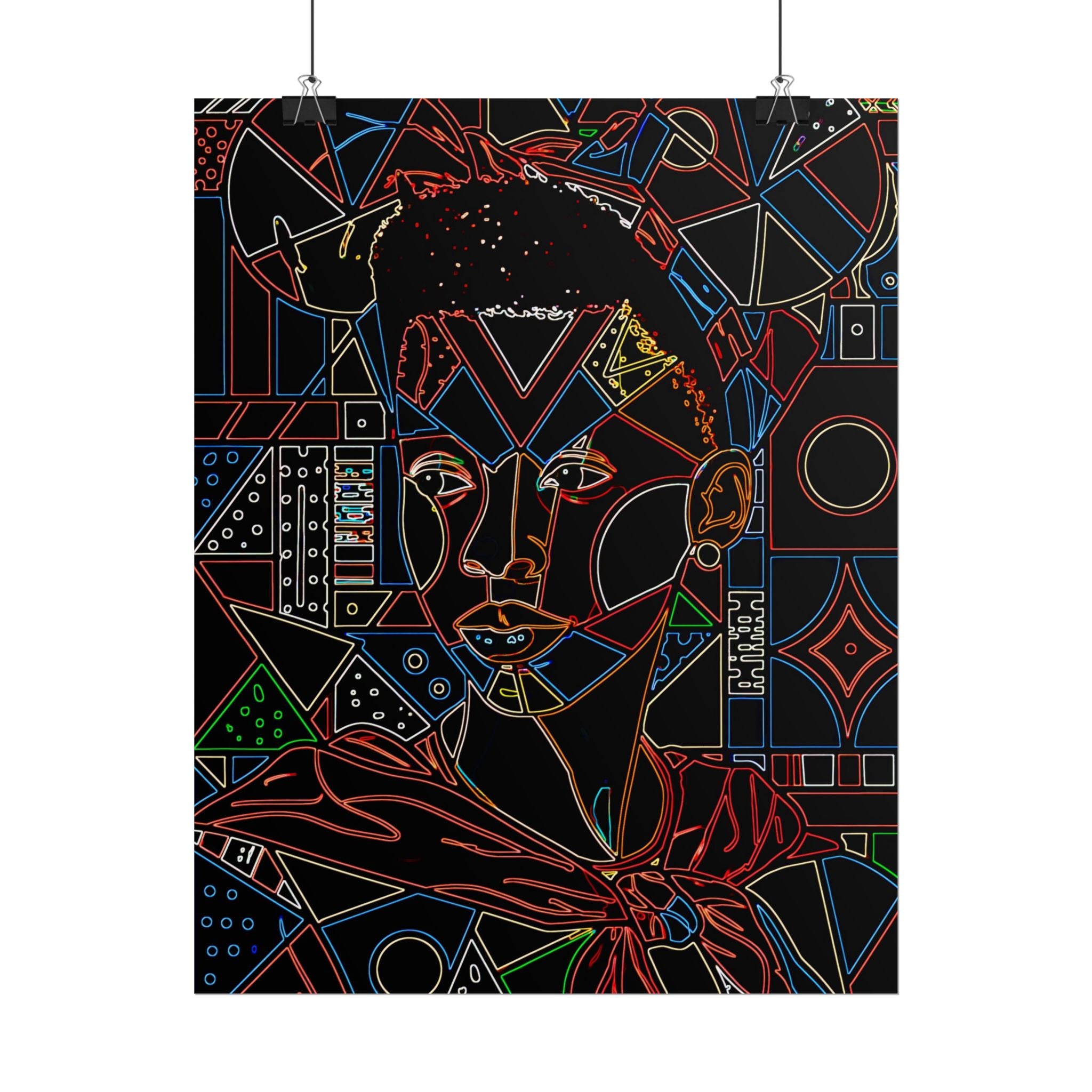 Neon Line Art Portrait Poster — Afro Futurism Geometric Wall Art (Rolled)