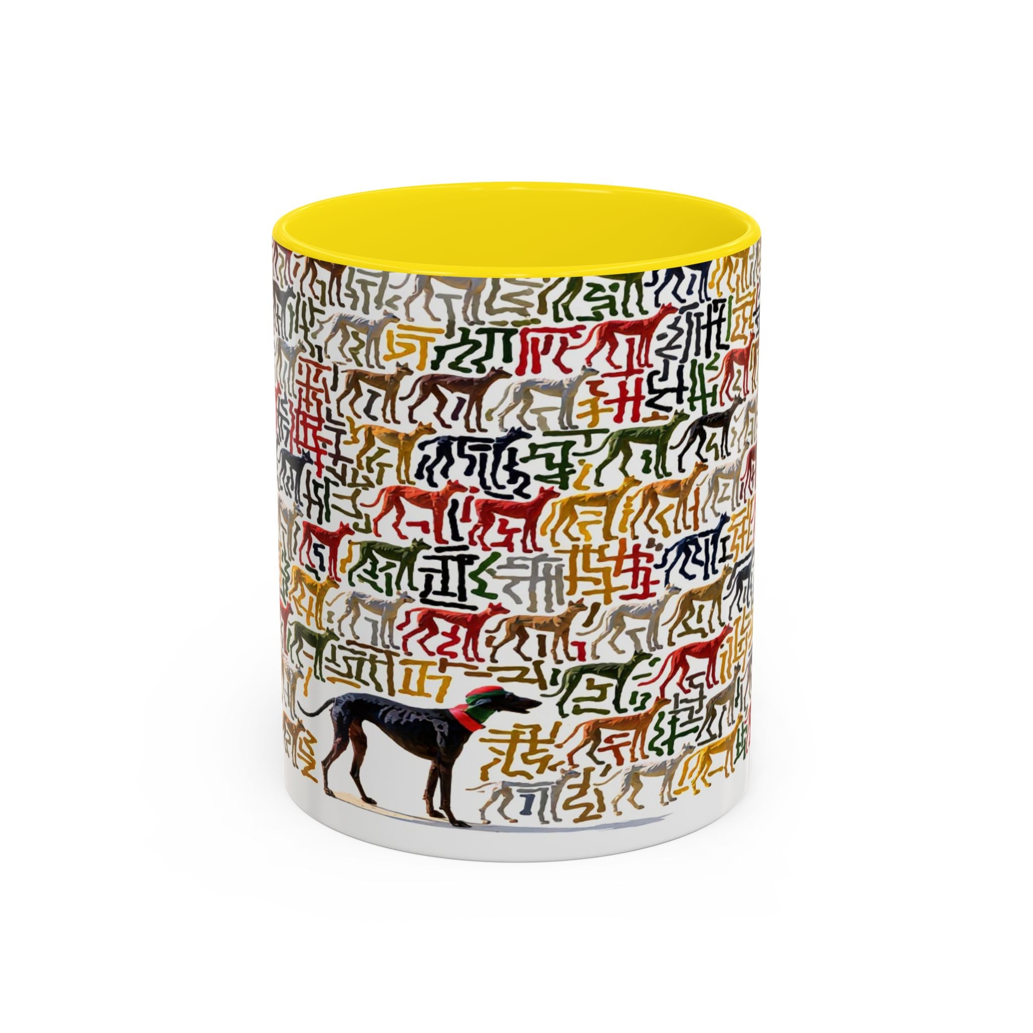 Greyhound Silhouette Accent Coffee Mug — Colorful Script Dog Pattern (11/15oz)