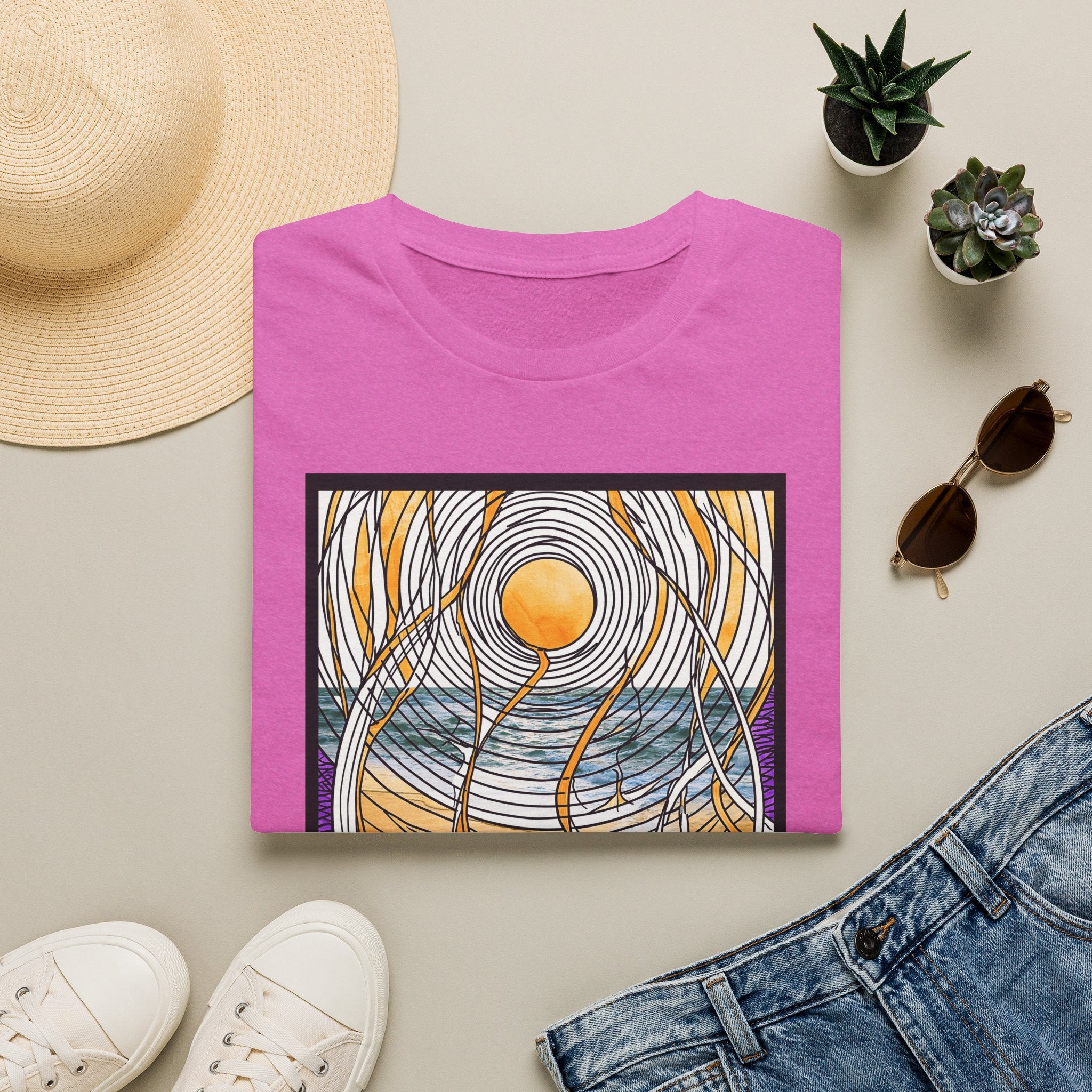 Sunlit Waves Art Tee — Black Cat & Golden Moon Graphic T-Shirt
