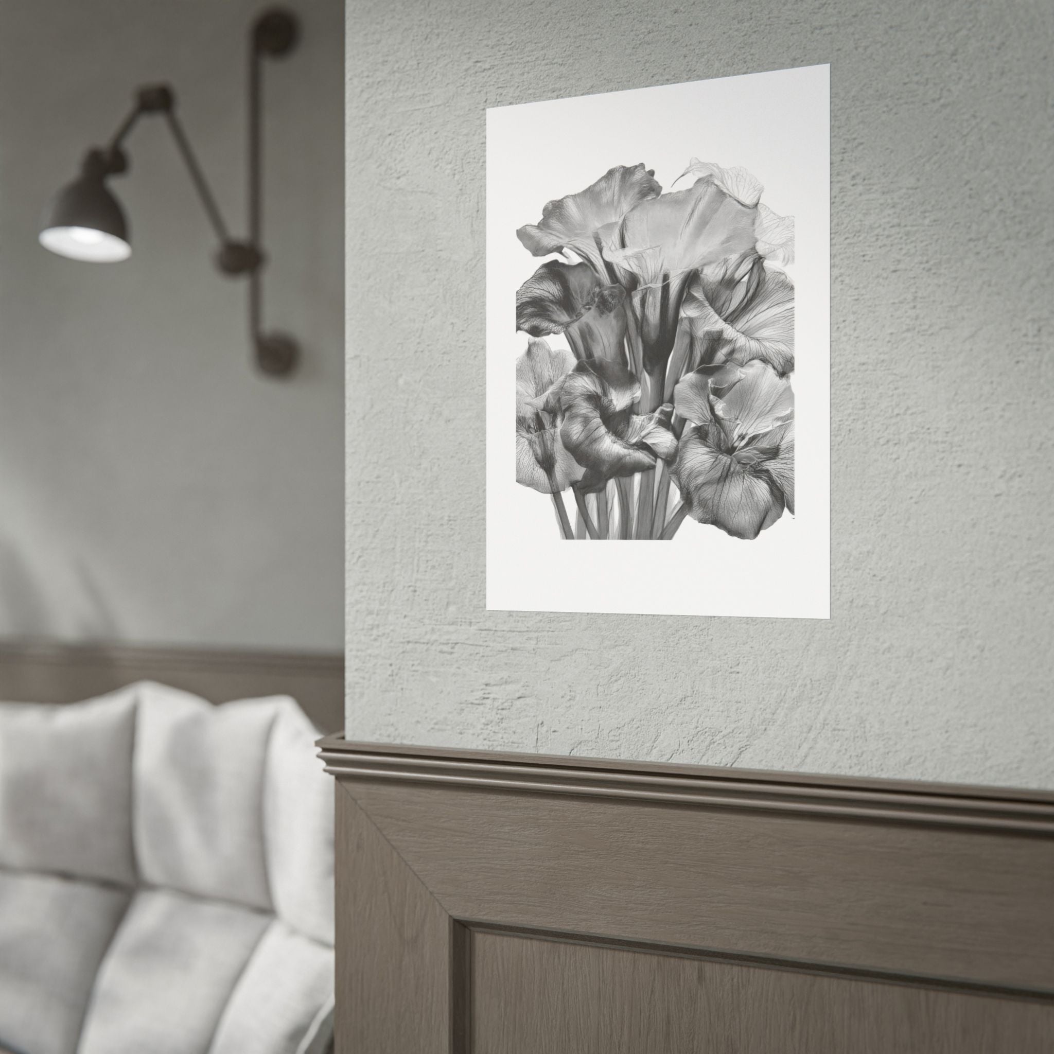 Black & White Iris Botanical Poster — Monochrome Floral Wall Art (Rolled Poster)