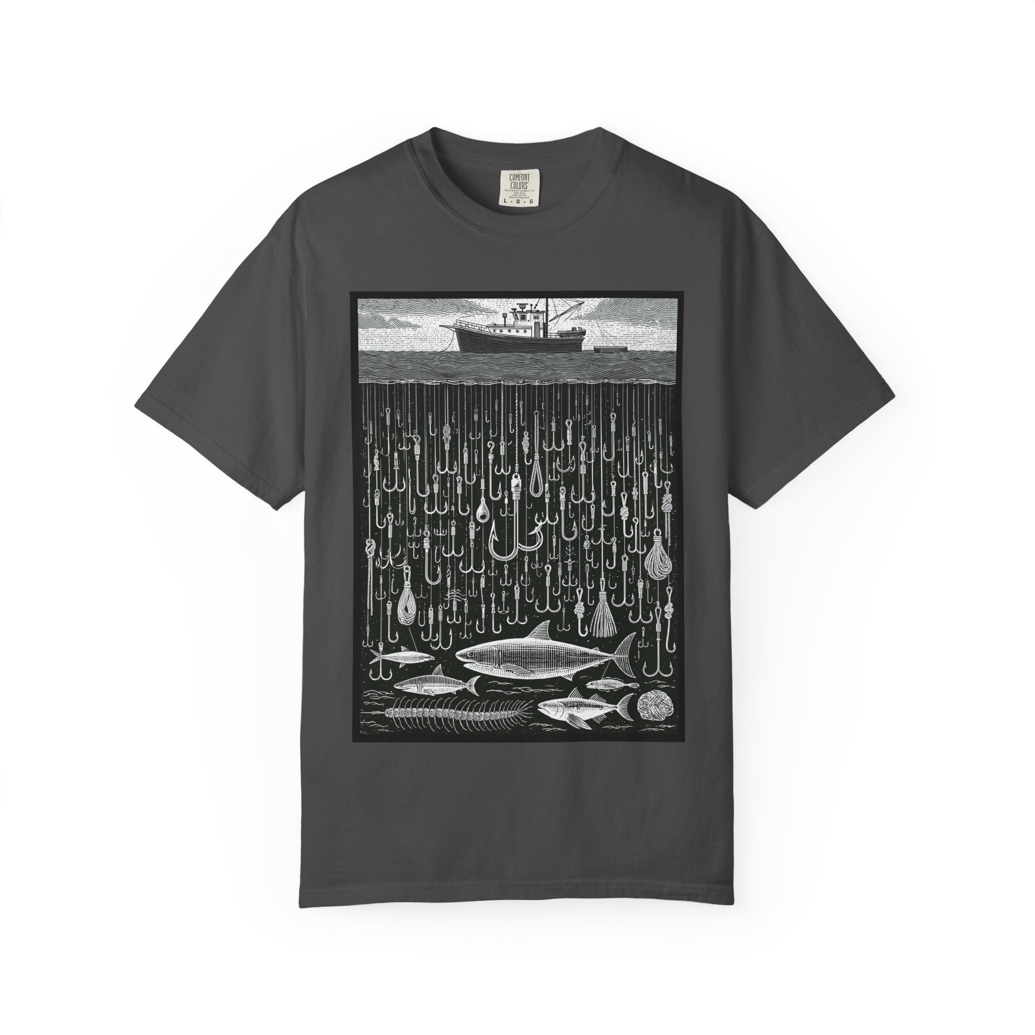 Fishing Boat & Hooks Graphic T-Shirt — Ocean Conservation Art Tee