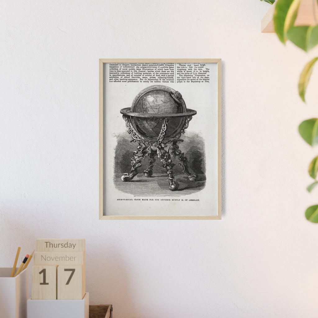 Astronomical Clock made for the Emperor RUDOLPH II, of Germany. Vintage Globe Illustration Poster with Wooden Frame — Antique Map Print