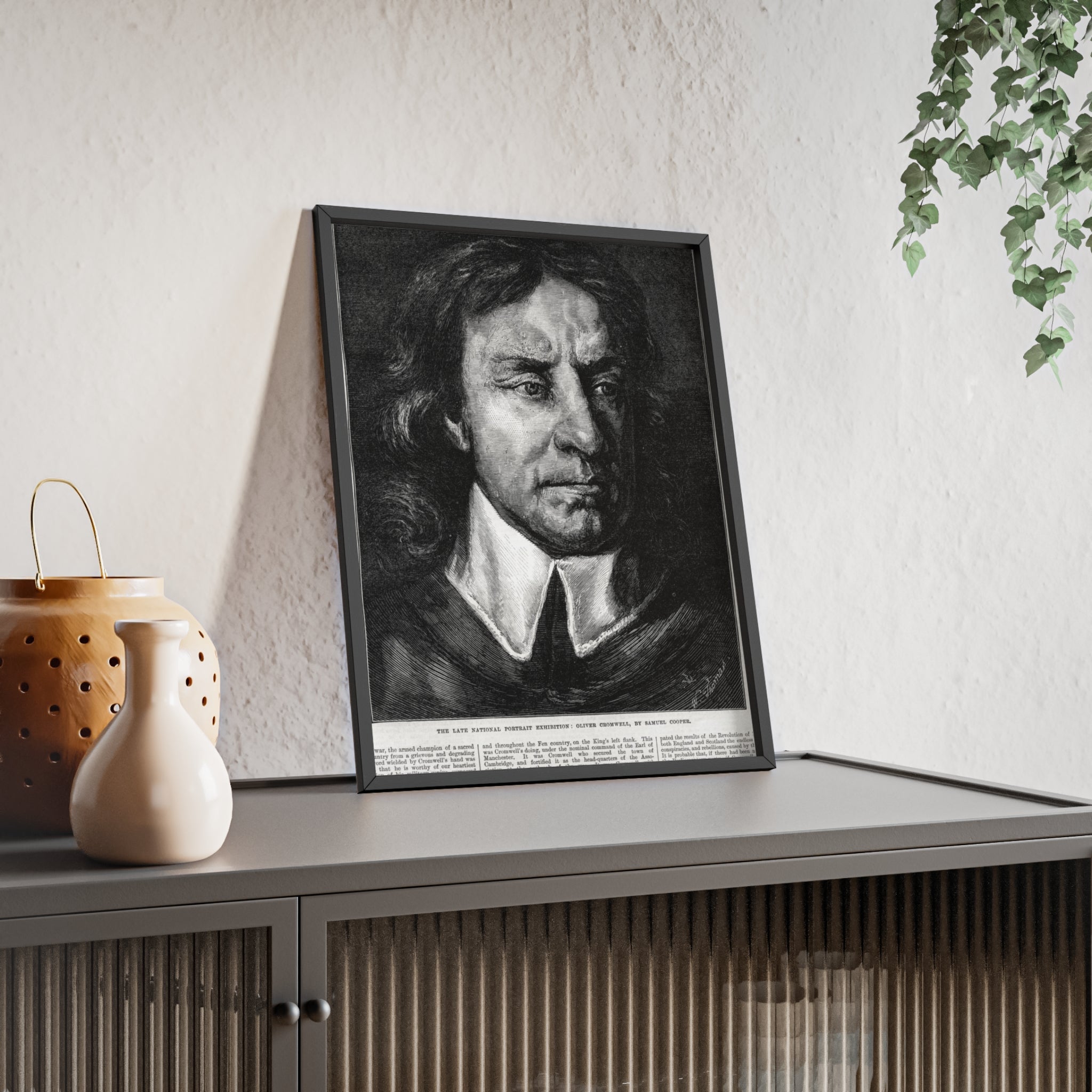 OLIVER CROMWELL. Historical Portrait Poster with Wooden Frame — Vintage Chalk-Style Print