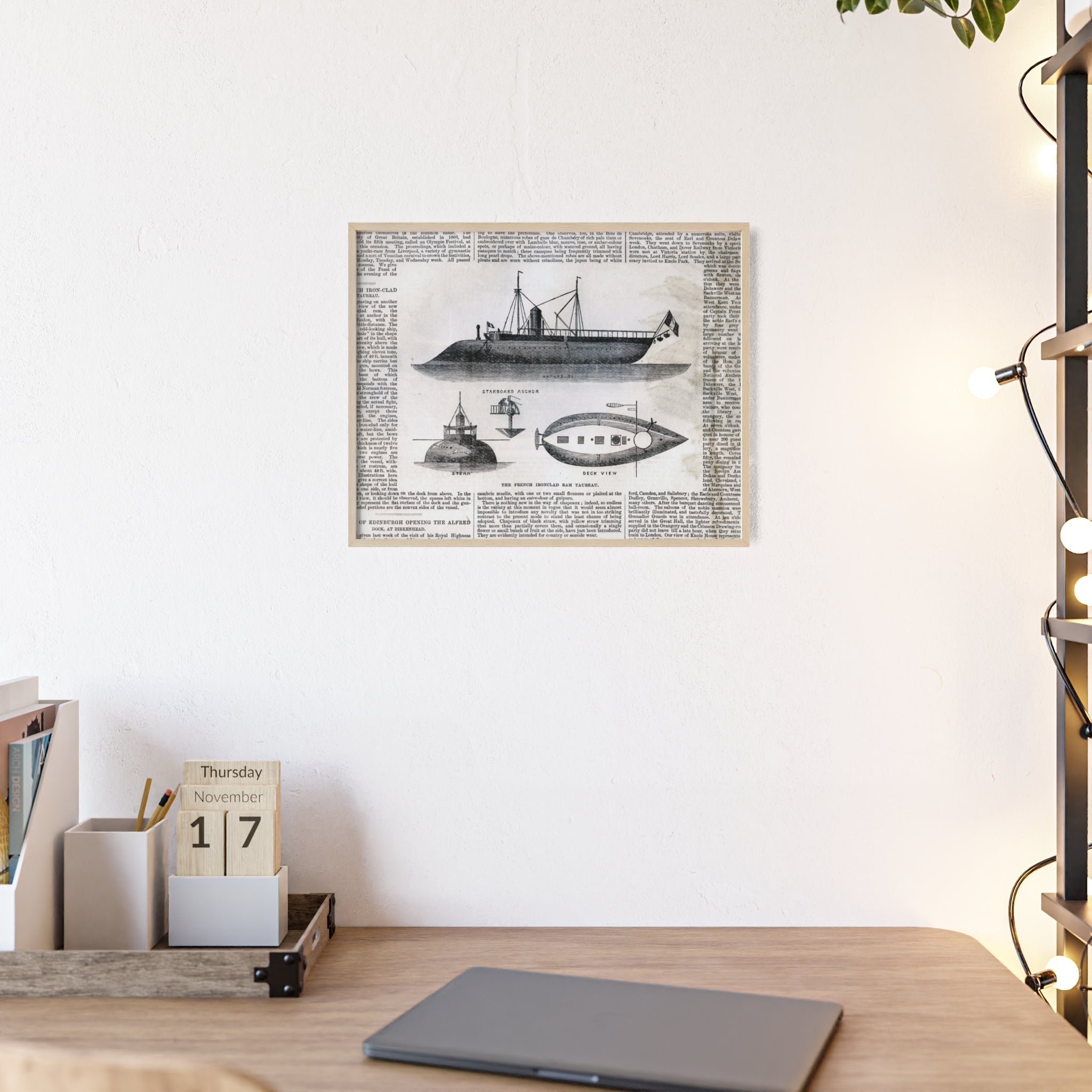 The French Ironclad RAM TAUREAU. Vintage Steamboat Patent Poster — Framed Nautical Wall Art