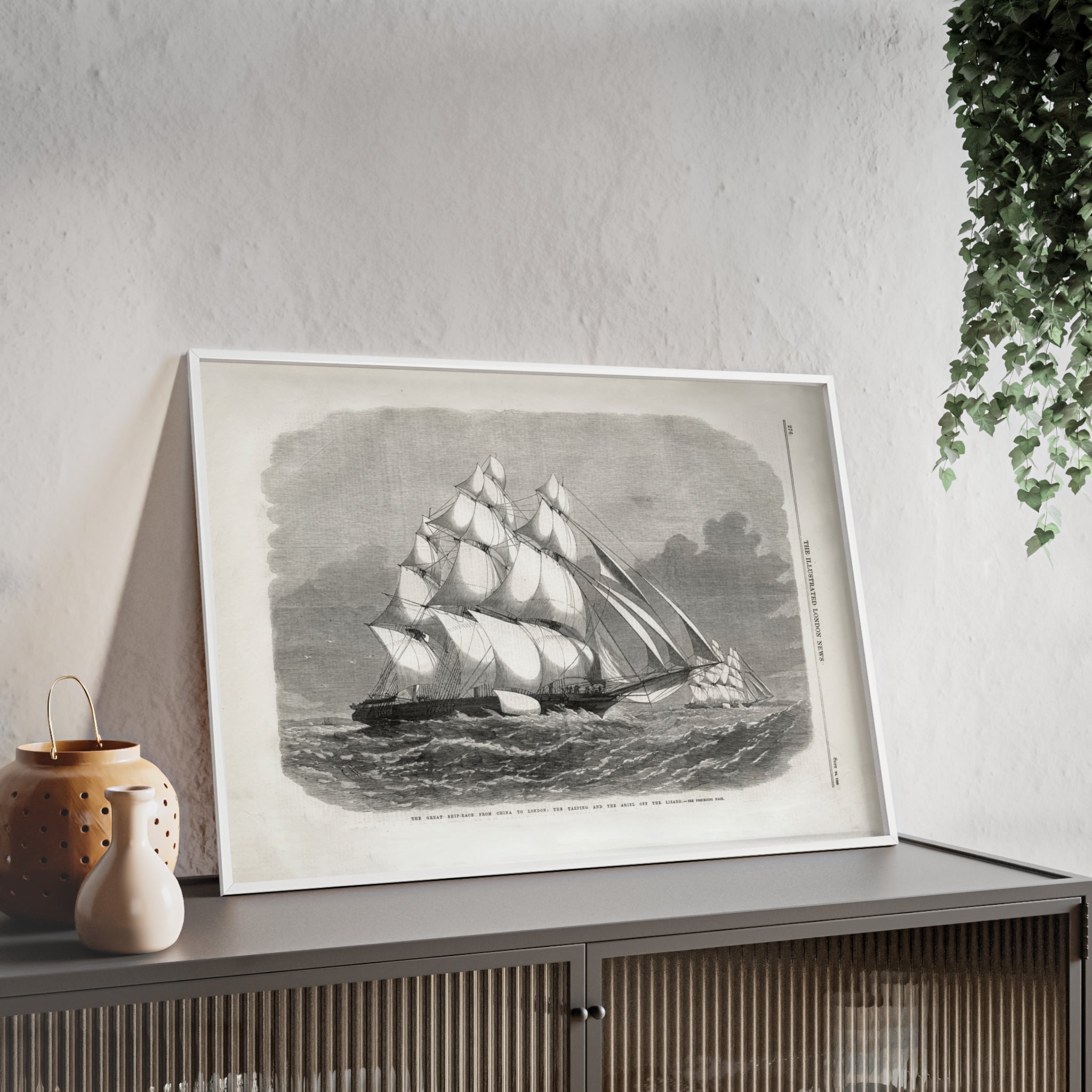The Great Ship-Race from China to London. Vintage Sailing Ship Wall Poster with Wooden Frame – Nautical Marine Print