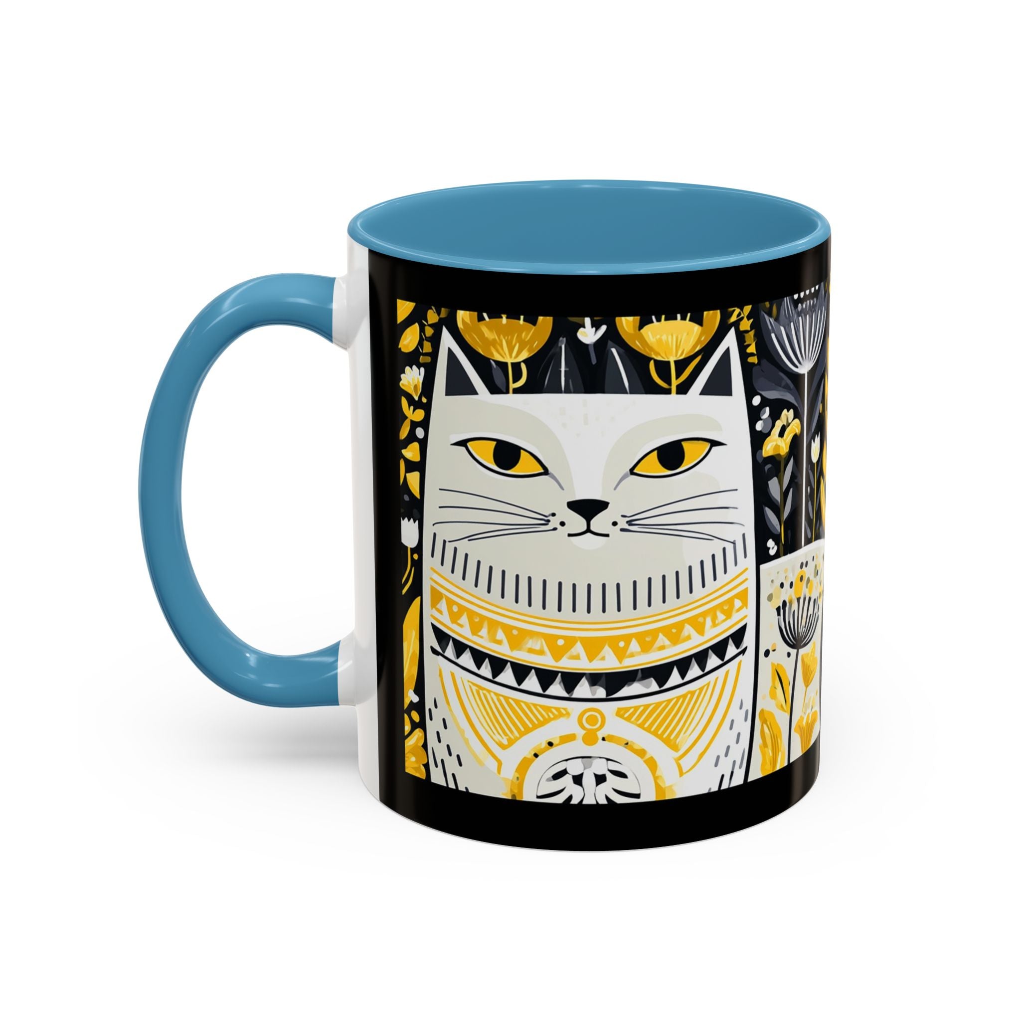 Black & Gold Cat Floral Coffee Mug — Whimsical Botanical Cat Accent Mug (11/15oz)
