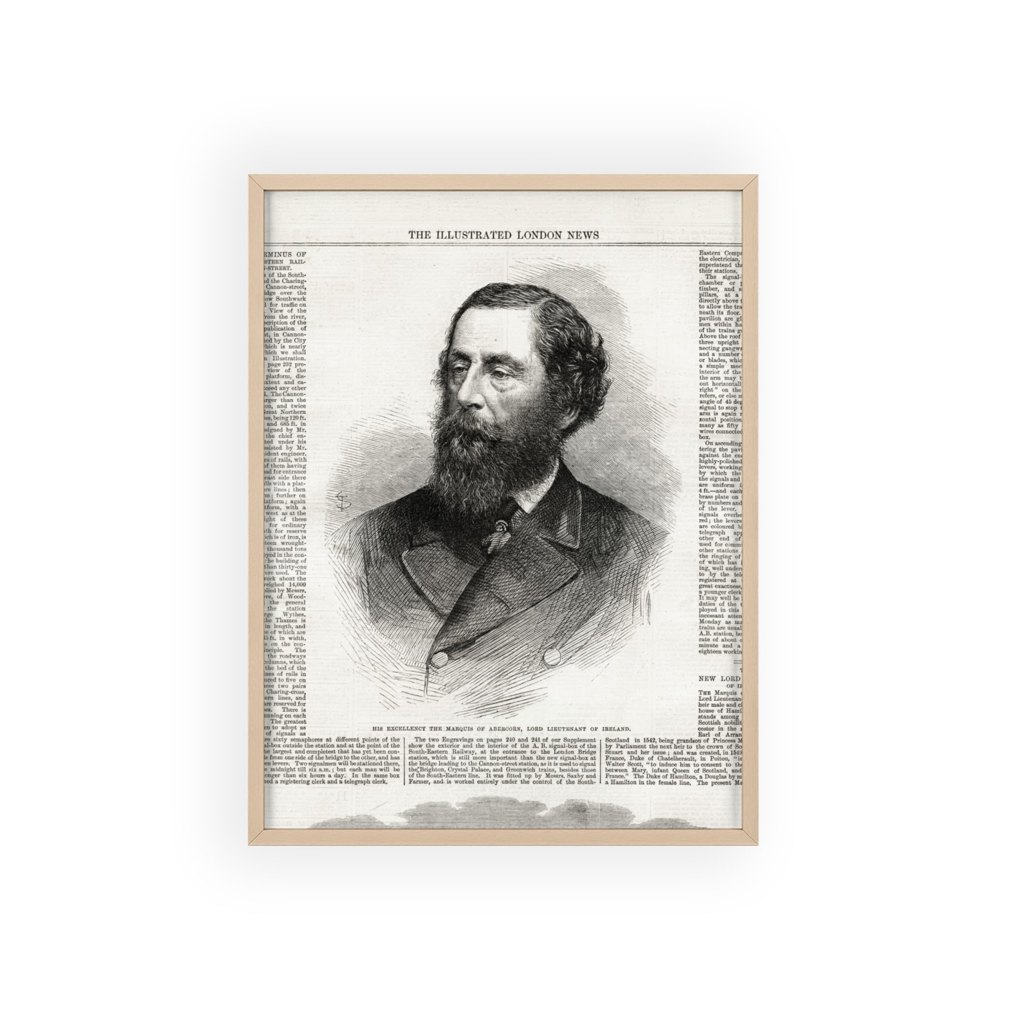 His Excellency the Marquis of Abercorn, Lord Lieutenant of Ireland. Vintage Illustrated Portrait Poster with Wooden Frame — Antique Newspaper Print
