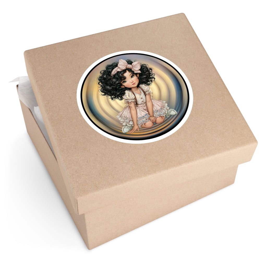 Cute Curly-Haired Doll Round Sticker — Indoor/Outdoor Vinyl Laptop Decal