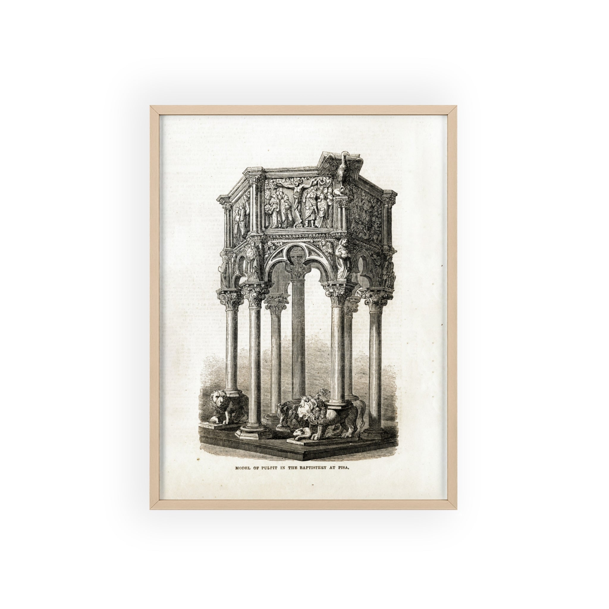 Model of Pulpit in the Baptistery at PISA. Antique Architectural Print Poster — Gothic Baptistery Illustration in Wooden Frame