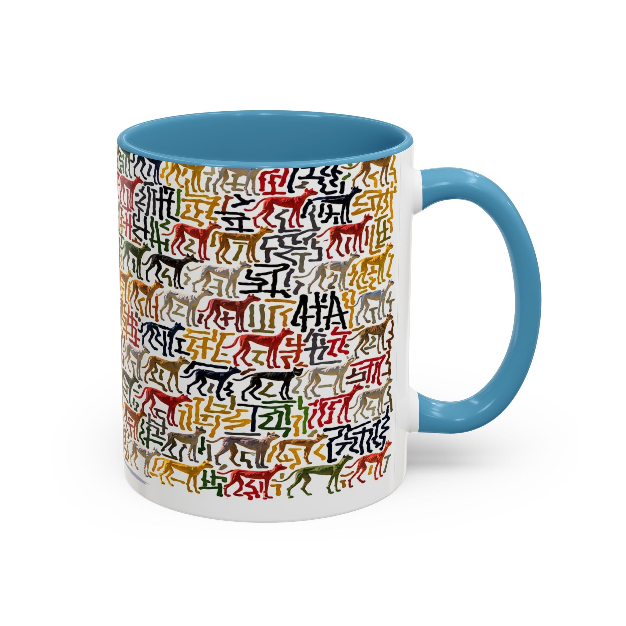 Greyhound Silhouette Accent Coffee Mug — Colorful Script Dog Pattern (11/15oz)