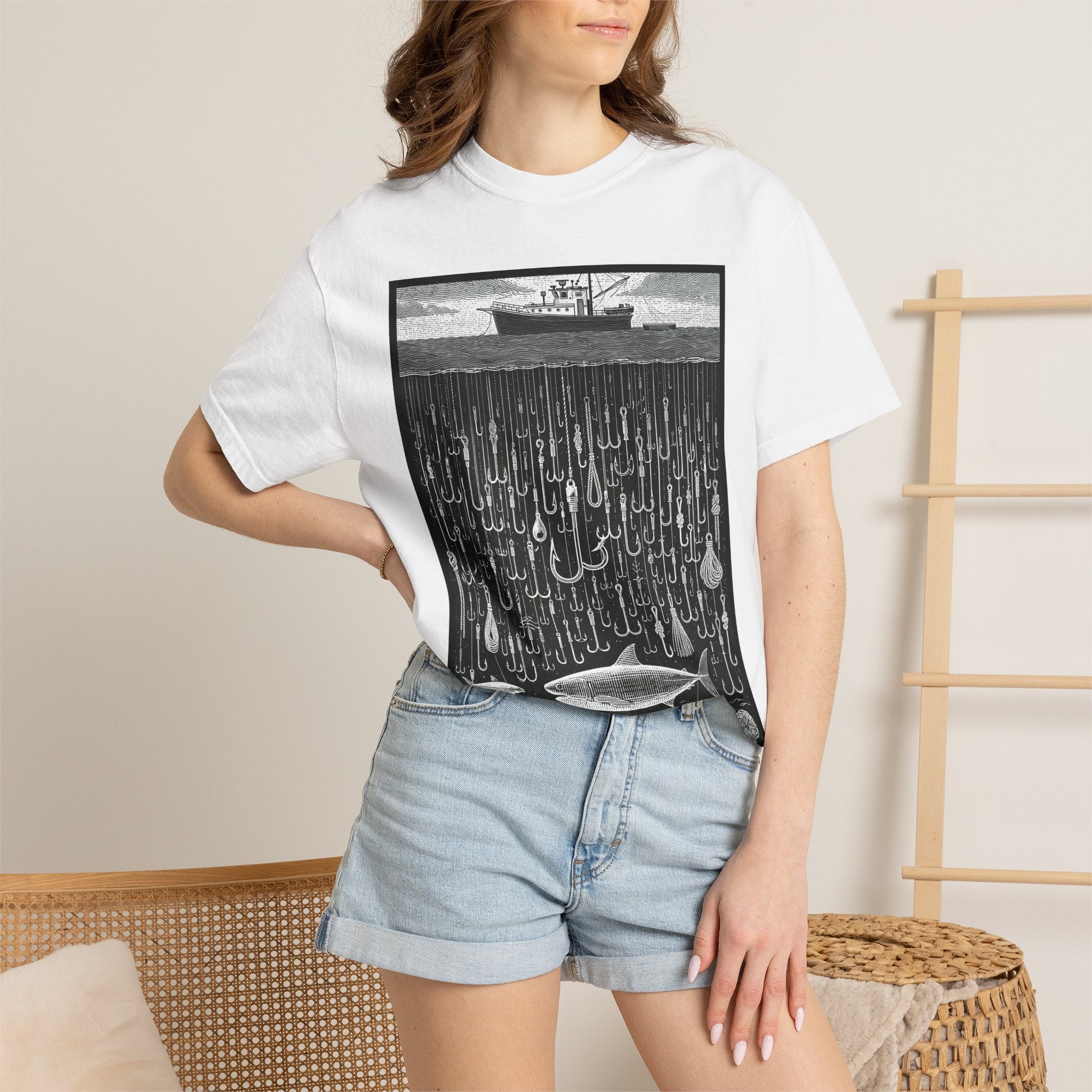 Fishing Boat & Hooks Graphic T-Shirt — Ocean Conservation Art Tee