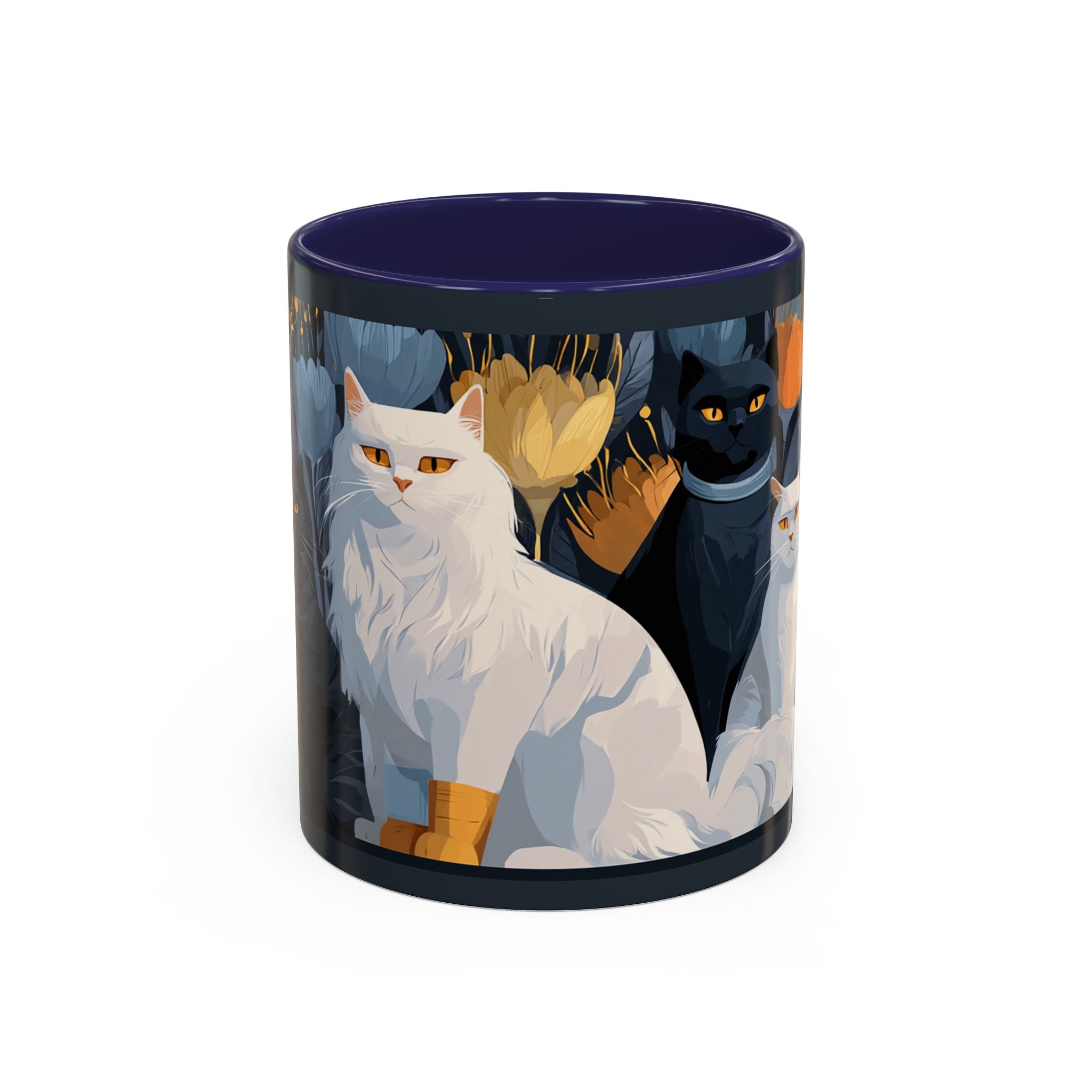 Cat Pattern Accent Coffee Mug — Illustrated Cats Floral Night Design (11/15oz)