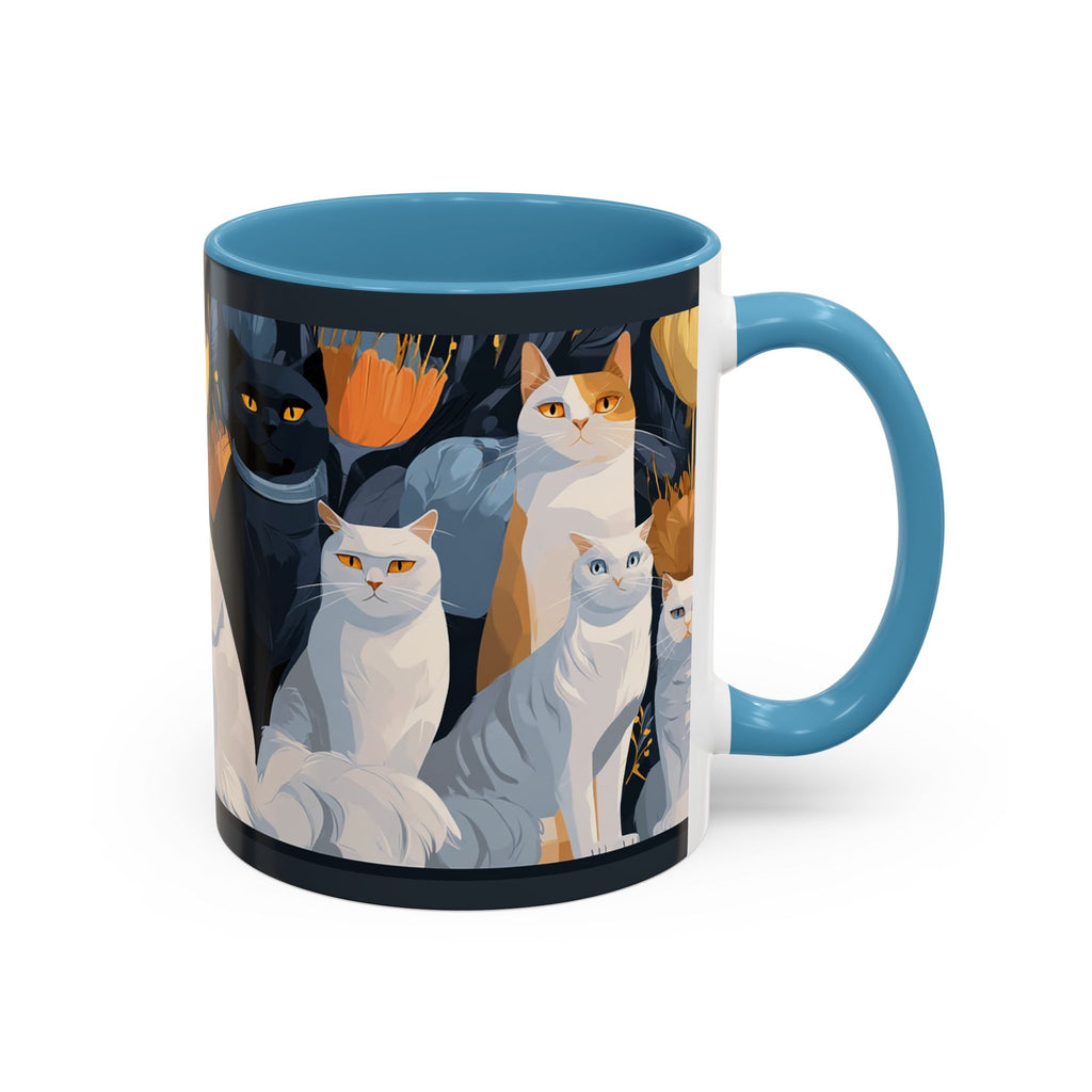 Cat Pattern Accent Coffee Mug — Illustrated Cats Floral Night Design (11/15oz)