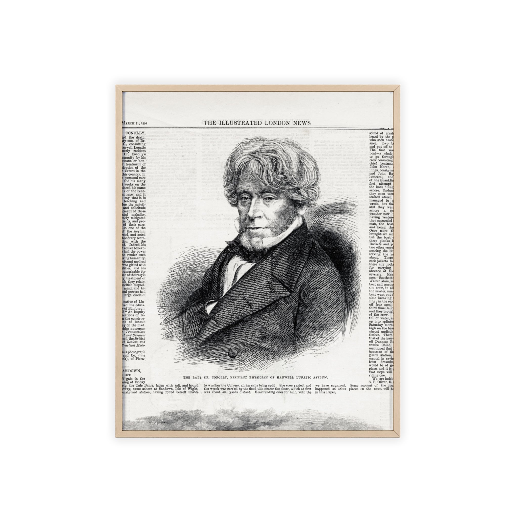 Dr. Conolly, Resident Physician of Hanwell Lunatic Asylum. Framed Vintage Portrait Print — Antique Newspaper Illustration Poster