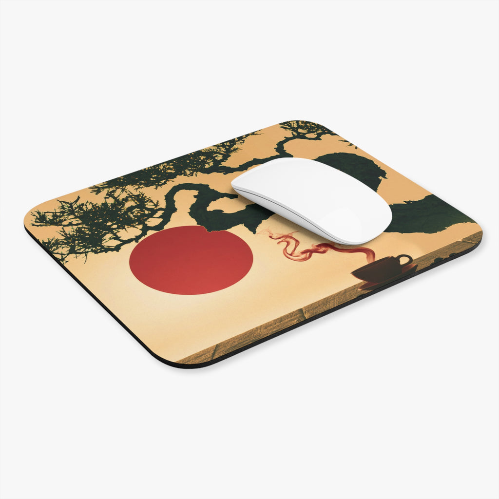 Zen Bonsai Mouse Pad — Japanese Sunset Desk Mat with Red Sun and Tea Cup