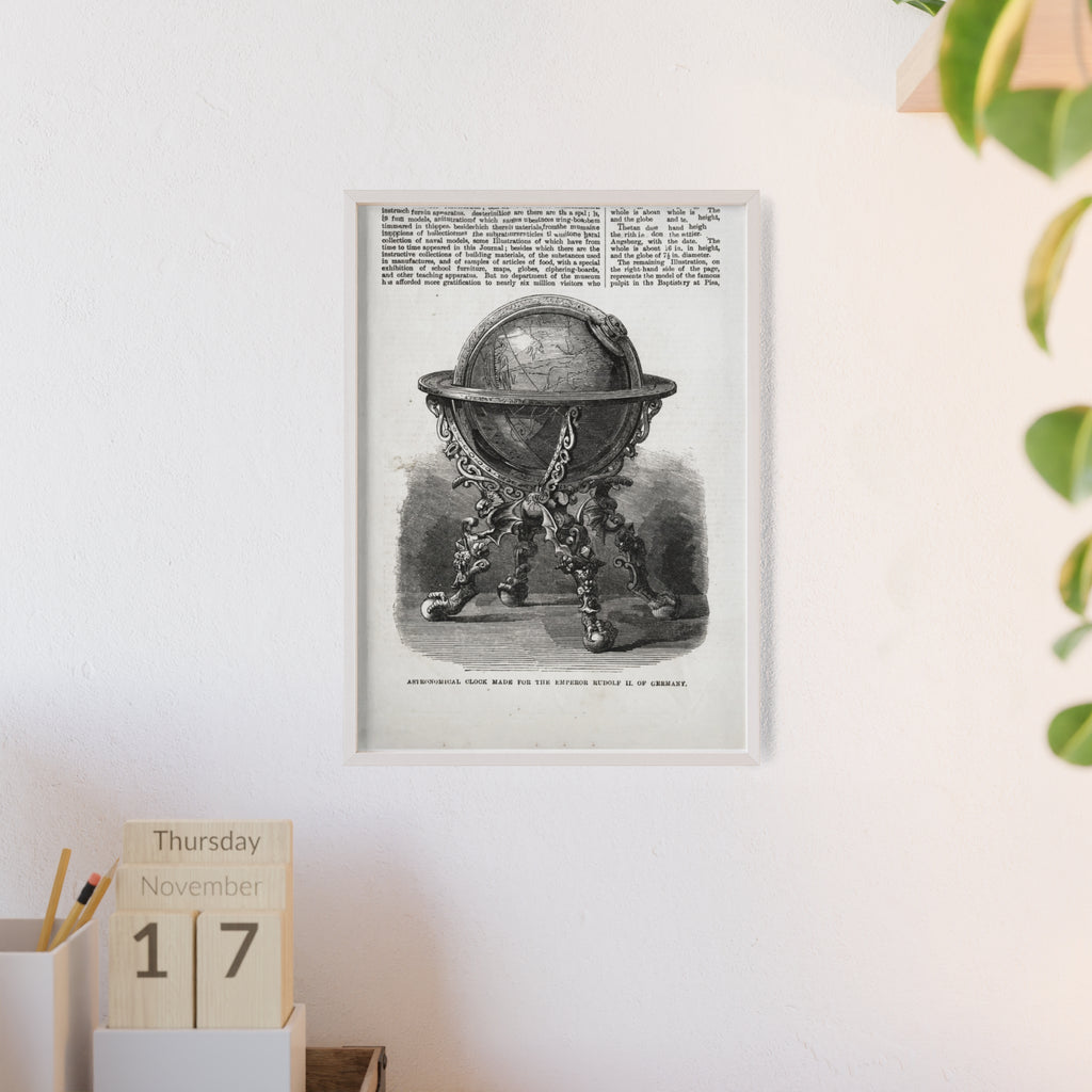 Astronomical Clock made for the Emperor RUDOLPH II, of Germany. Vintage Globe Illustration Poster with Wooden Frame — Antique Map Print