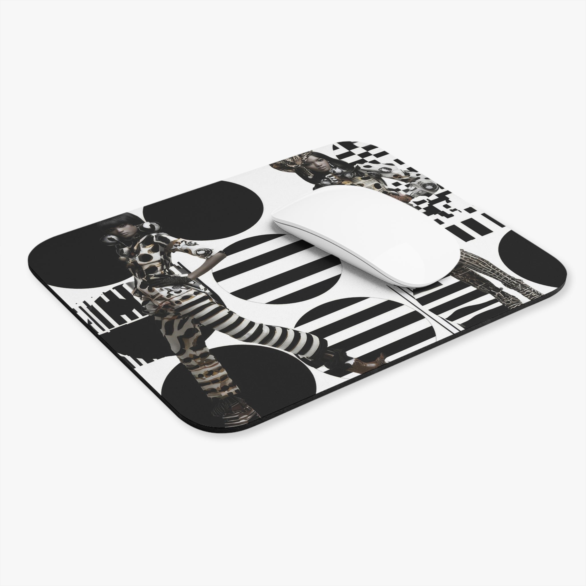 Monochrome Fashion Mouse Pad — Black & White Geometric Model Print