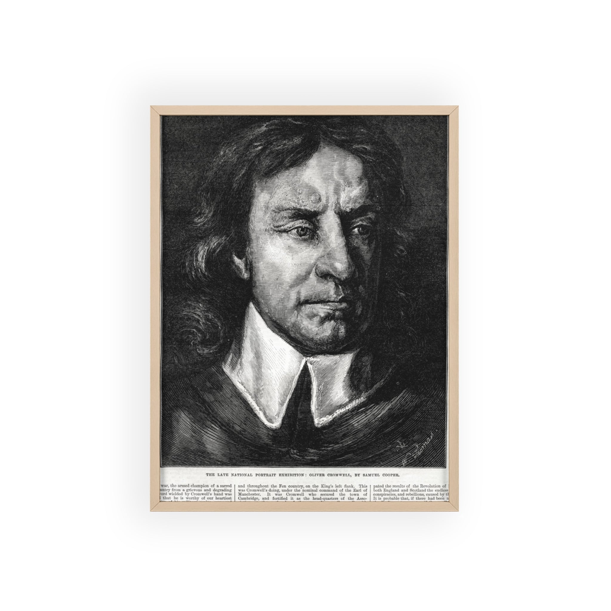 OLIVER CROMWELL. Historical Portrait Poster with Wooden Frame — Vintage Chalk-Style Print