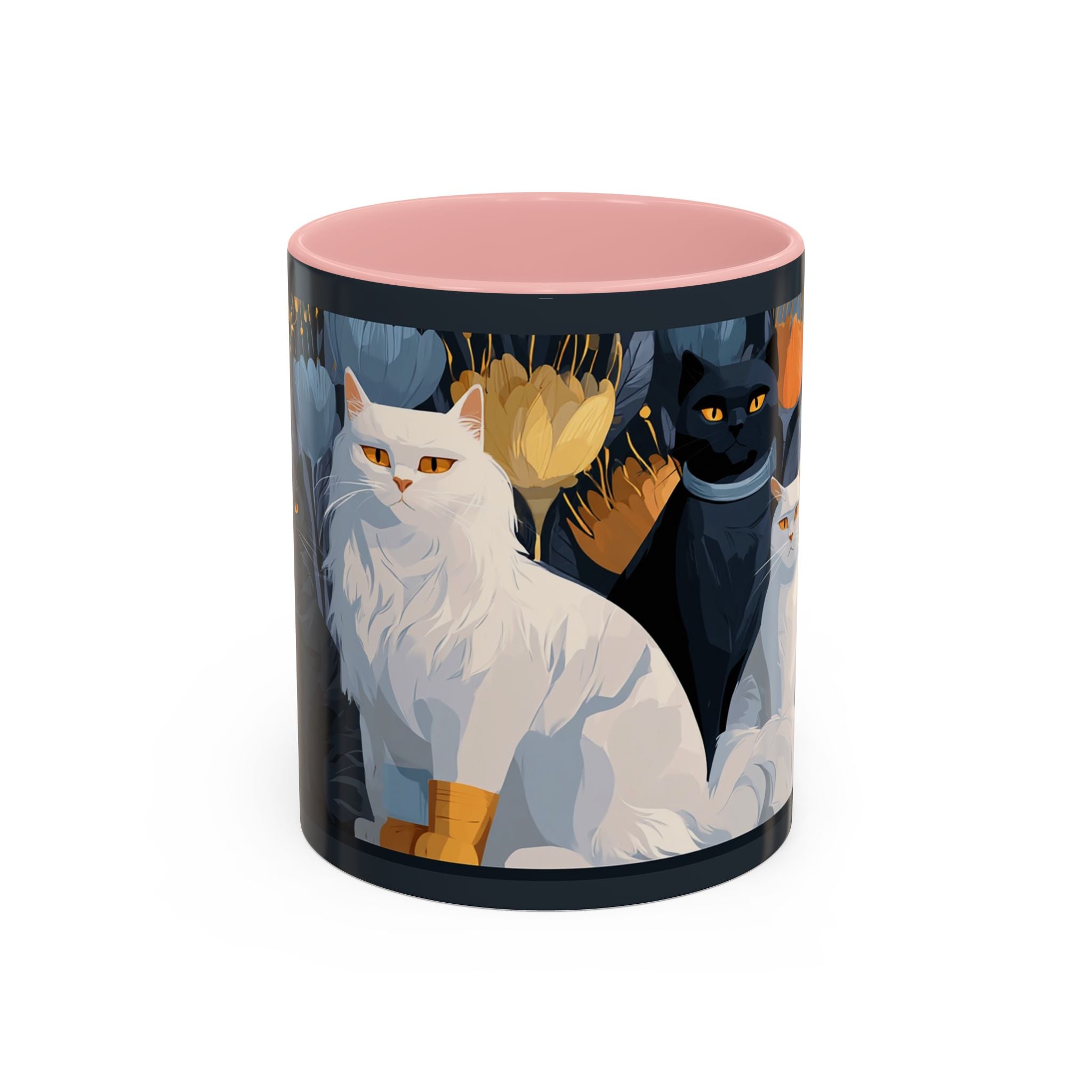Cat Pattern Accent Coffee Mug — Illustrated Cats Floral Night Design (11/15oz)