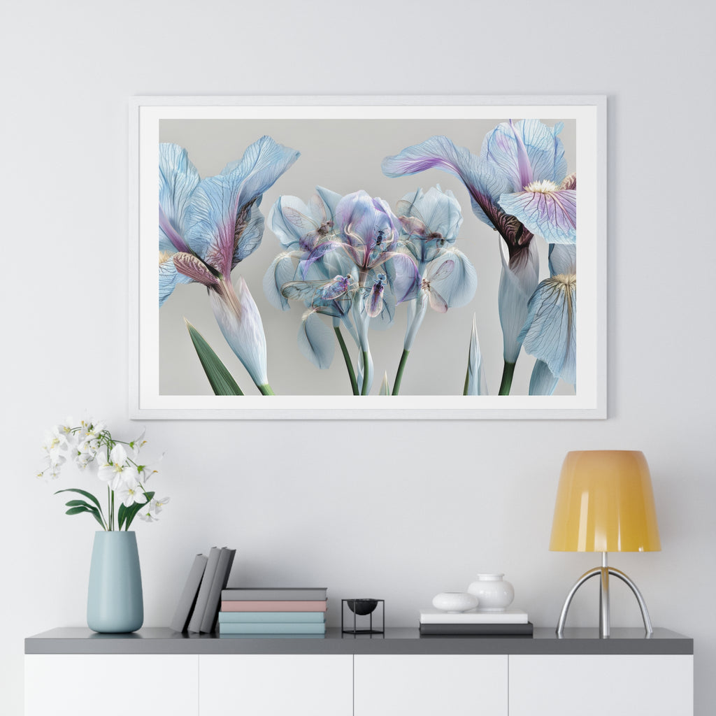 Botanical Iris Framed Poster — Soft Blue Floral Wall Art (Horizontal)