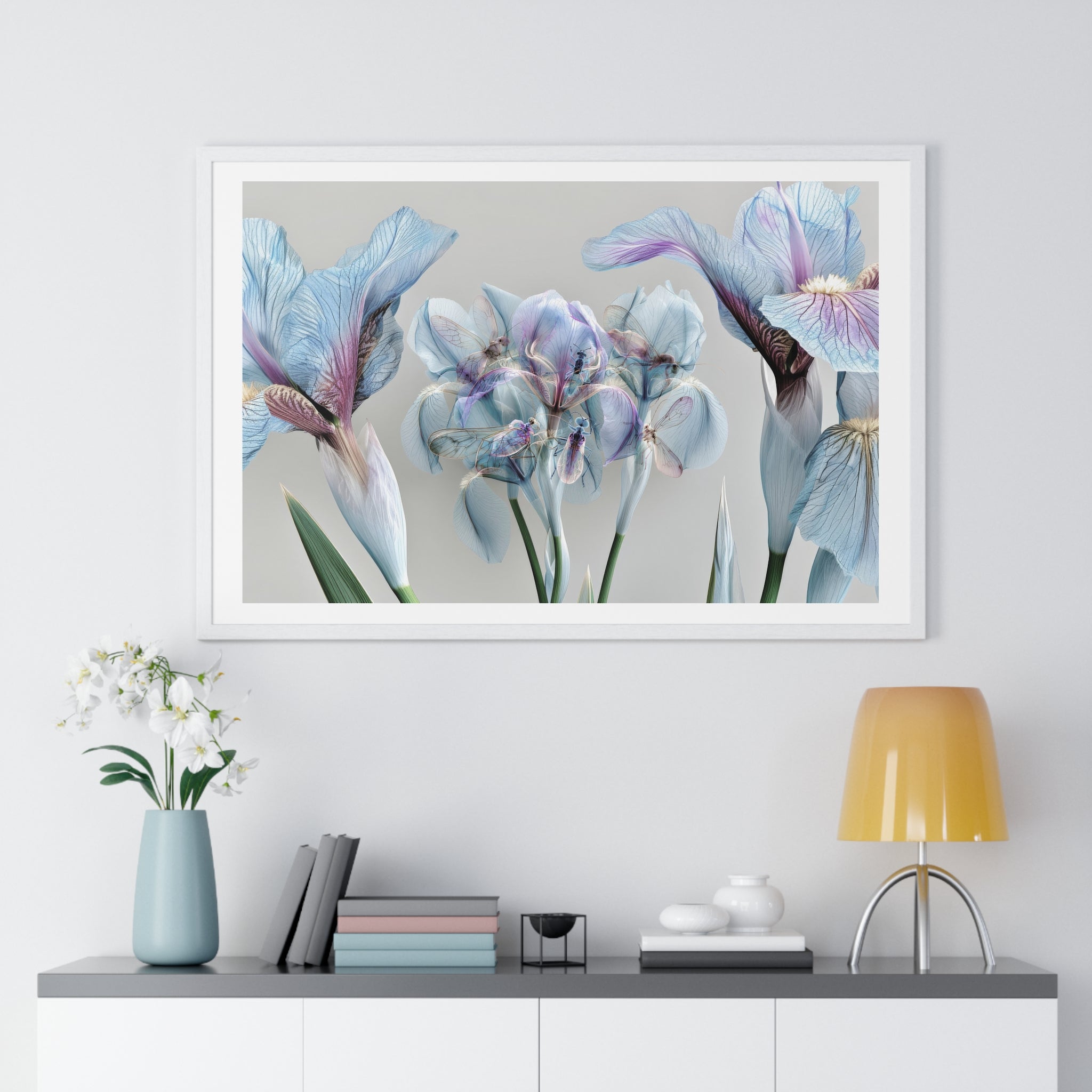 Botanical Iris Framed Poster — Soft Blue Floral Wall Art (Horizontal)