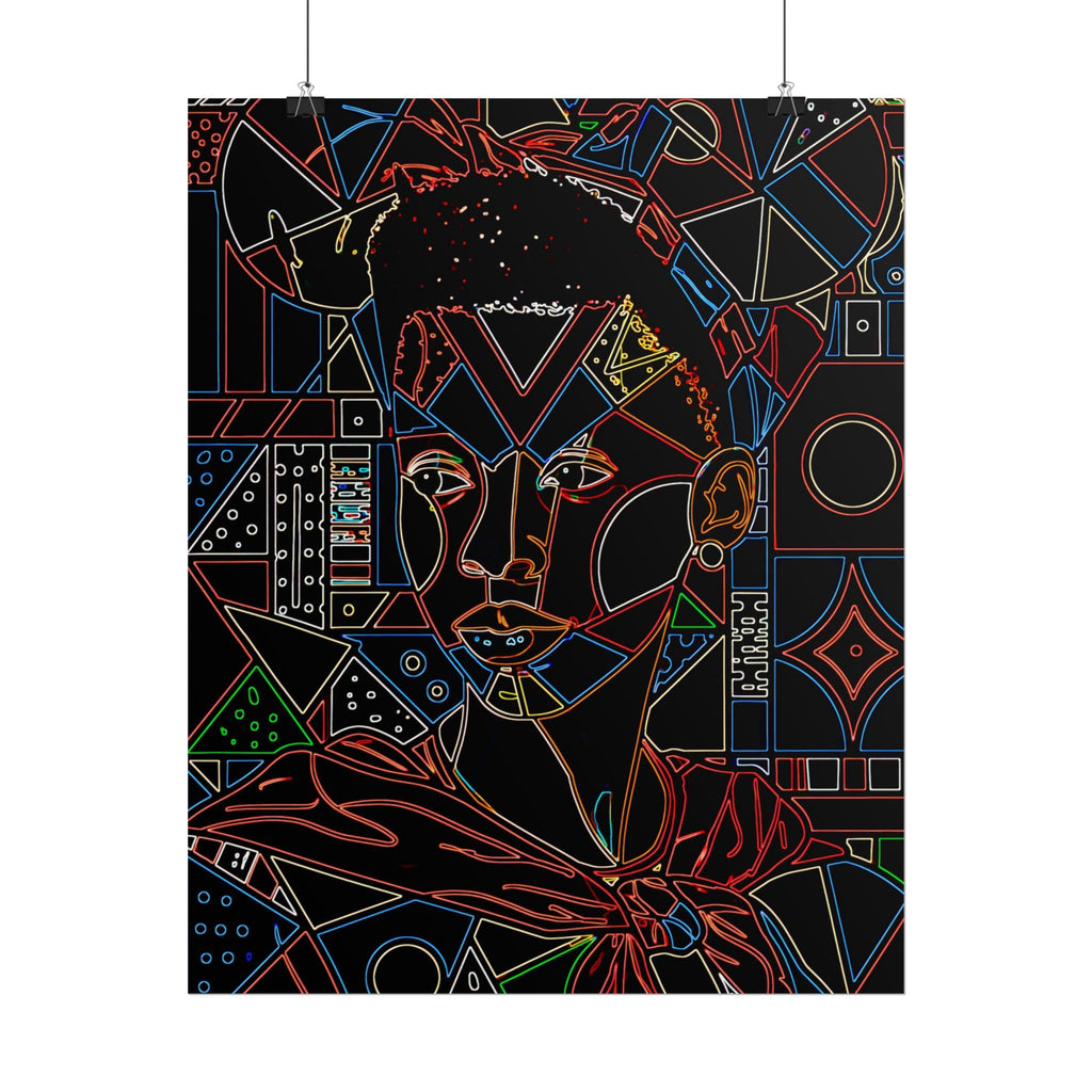 Neon Line Art Portrait Poster — Afro Futurism Geometric Wall Art (Rolled)