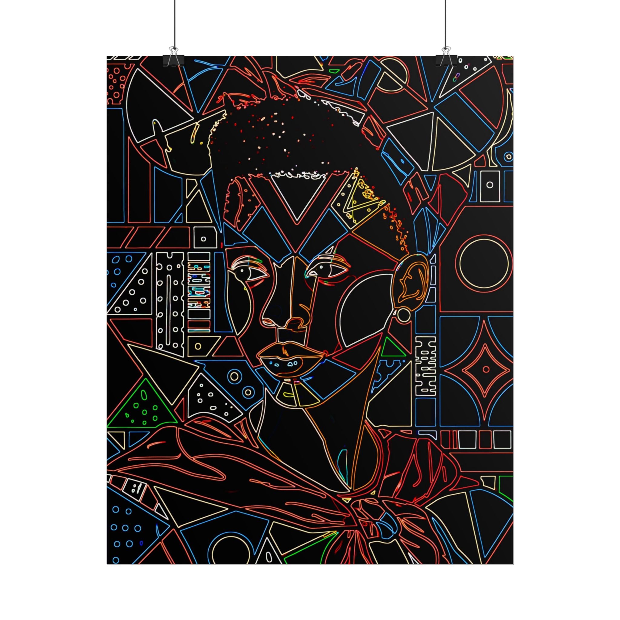 Neon Line Art Portrait Poster — Afro Futurism Geometric Wall Art (Rolled)