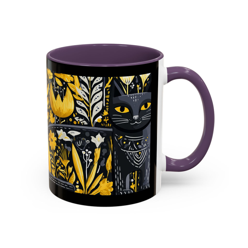 Black & Gold Cat Floral Coffee Mug — Whimsical Botanical Cat Accent Mug (11/15oz)