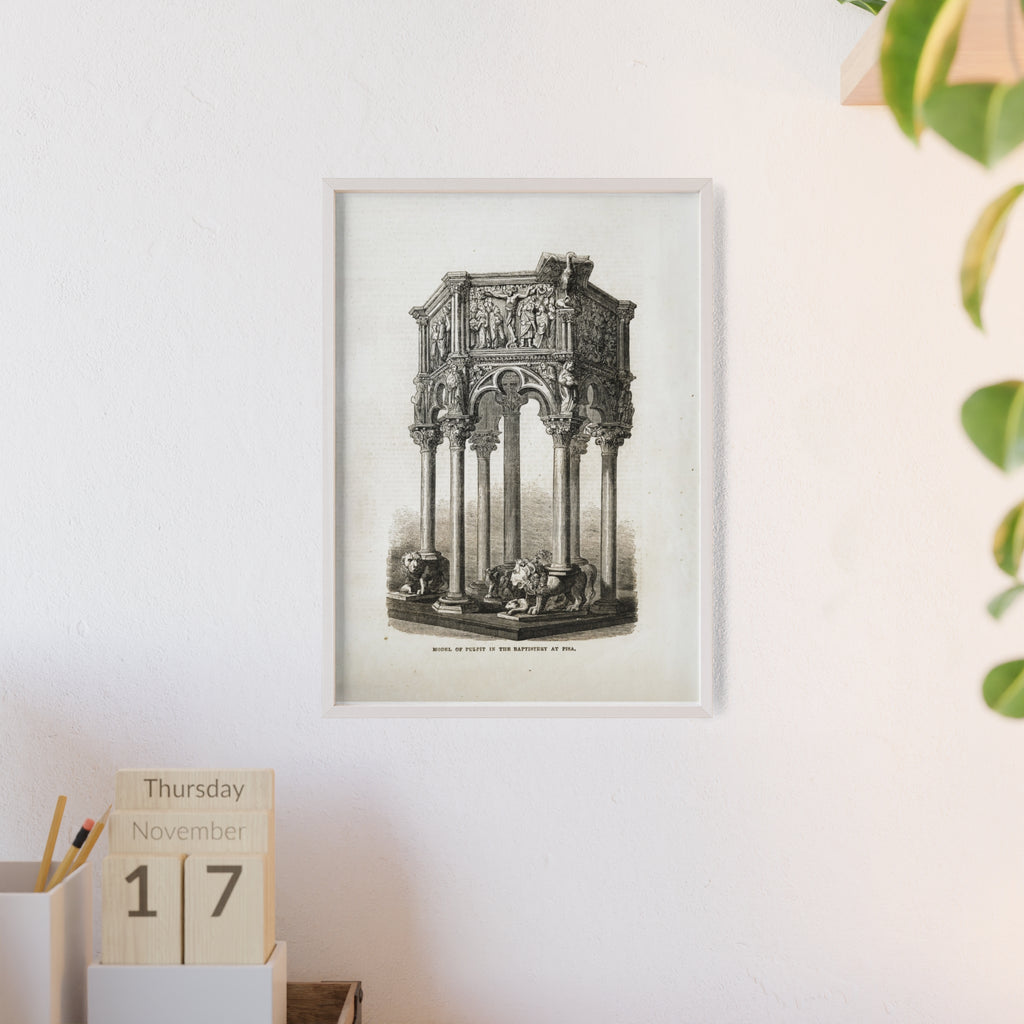 Model of Pulpit in the Baptistery at PISA. Antique Architectural Print Poster — Gothic Baptistery Illustration in Wooden Frame
