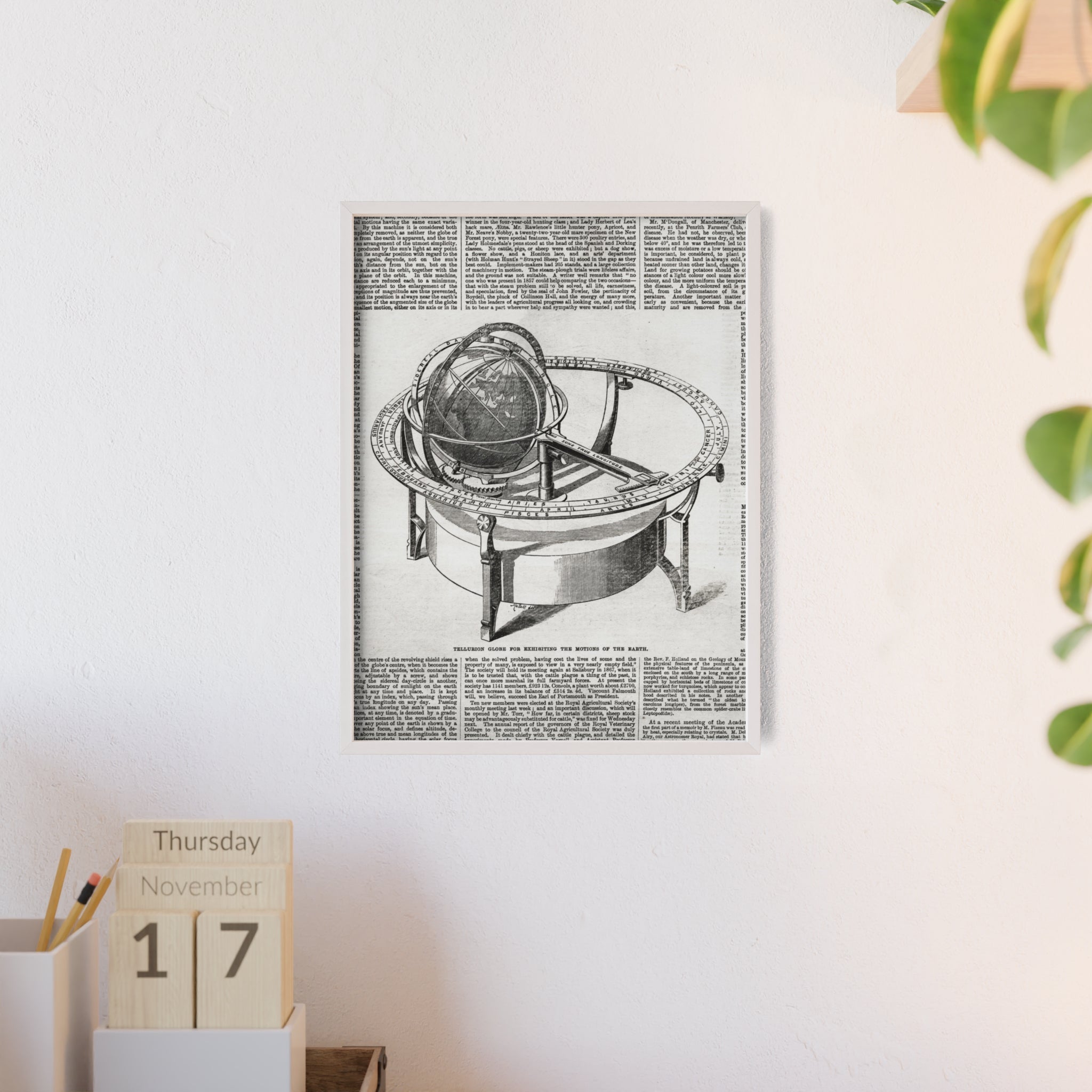 TELLURION GLOBE for Exhibiting the Motions of the Earth. Vintage Celestial Globe Poster with Wooden Frame — Antique Astronomy Wall Art