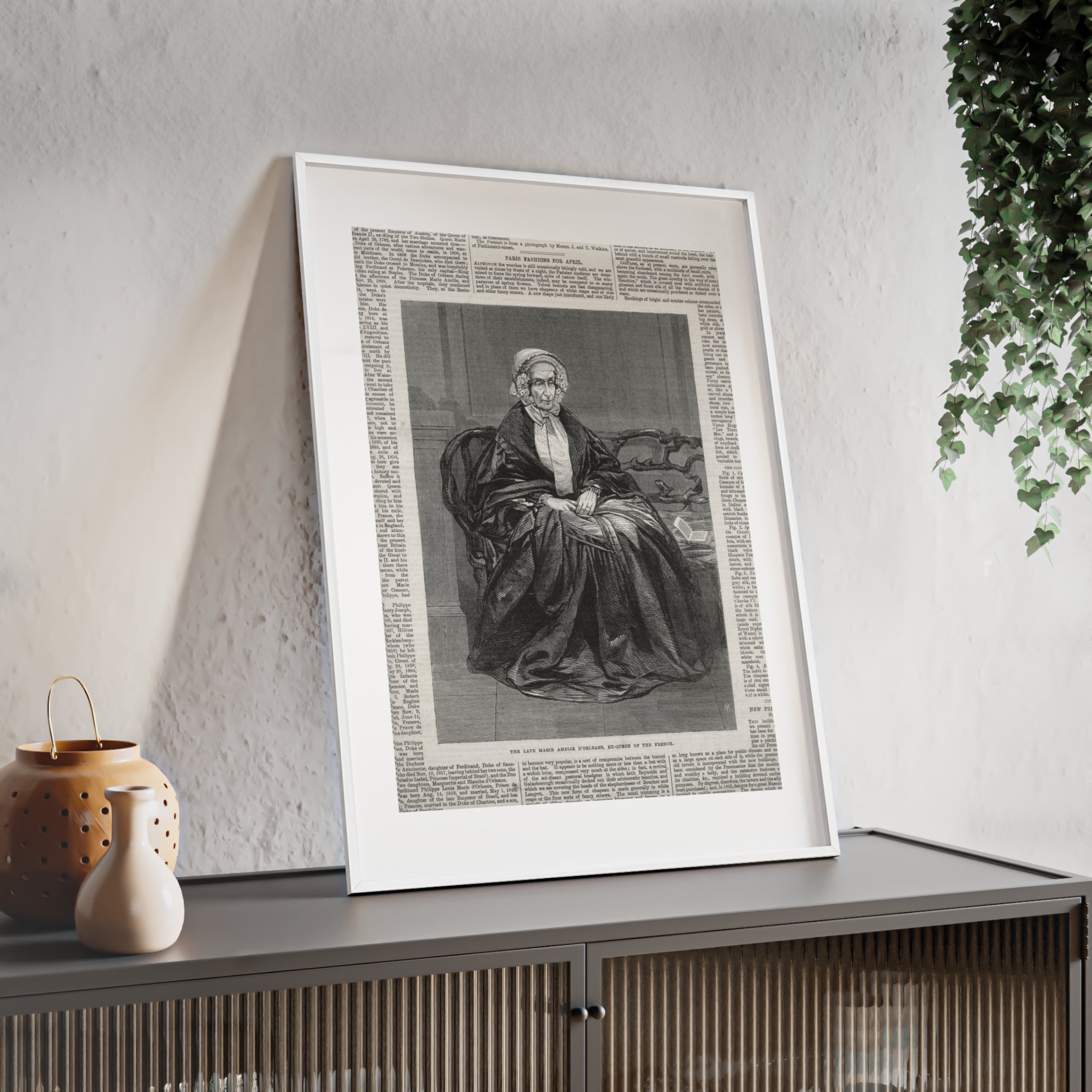 The Late Marie Amelie D'Orleans, Ex-Queen of the French. Vintage Portrait Newspaper Art Poster with Black Wooden Frame