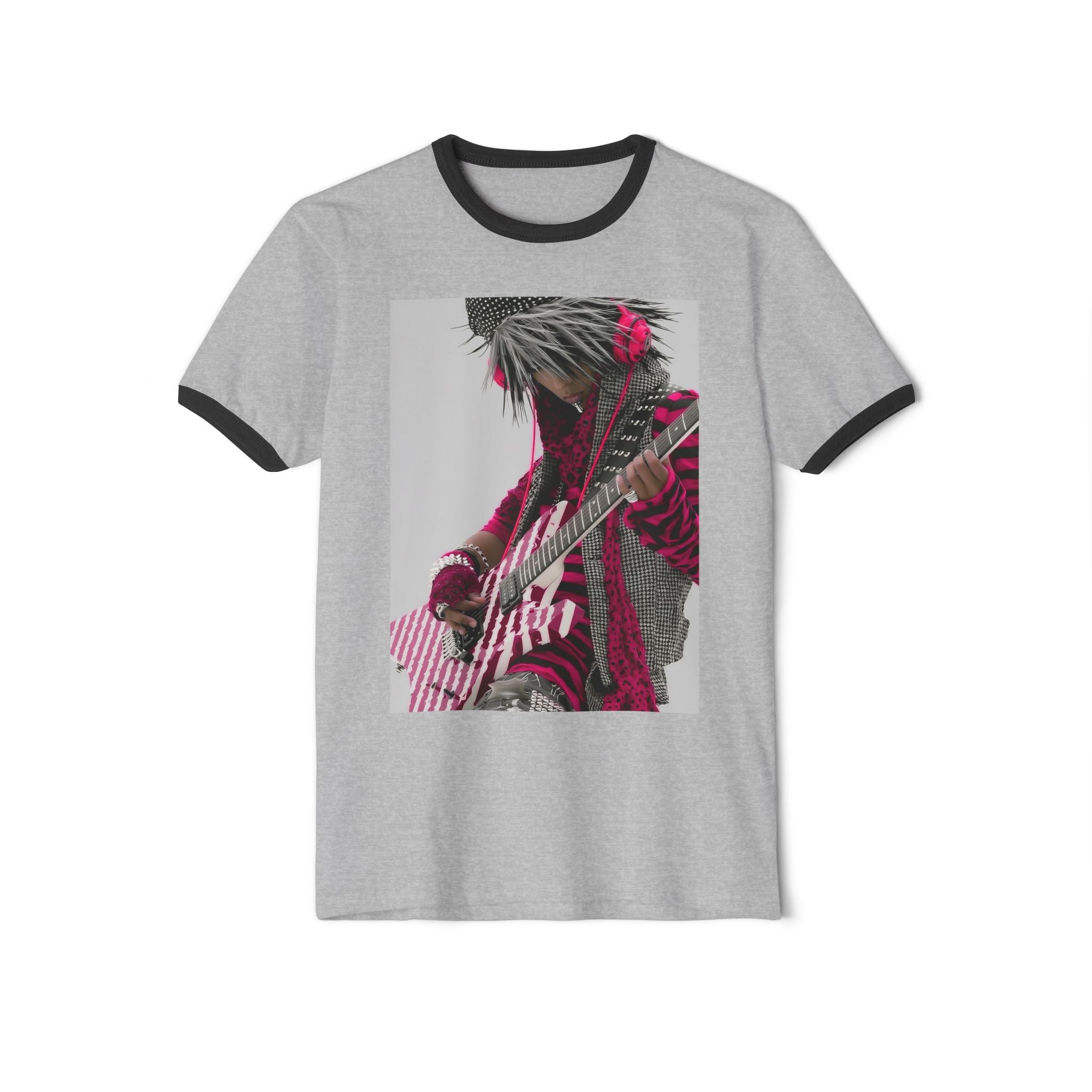 Retro Rock Guitarist Ringer T-Shirt — Pink Striped Electric Guitar Graphic