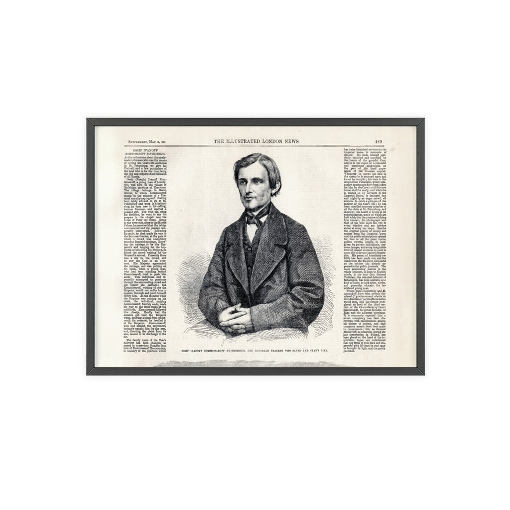 Portrait of Ossip Ivanoff the peasant who saved the Czar's Life. Vintage Newspaper Print Poster with Wooden Frame